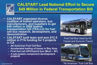CALSTART organized diverse coalition of transit operators, bus manufacturers, and suppliers to get $49 million in 2006 federal transportation bill (TEA-LU) for fuel cell bus research, development, and demonstration CALSTART built team and won $12.5 million in FTA funding for 5 projects in CA All American Fuel Cell Bus Accelerated testing of buses in Bay Area First fuel cell APU/hybrid bus (Muni – SF) 2 sub-system component development projects CALSTART Lead National Effort to Secure $49 Million in Federal Transportation Bill “ All American” Fuel Cell Bus Fuel Cell Bus Used by AC Transit and SunLine Transit 