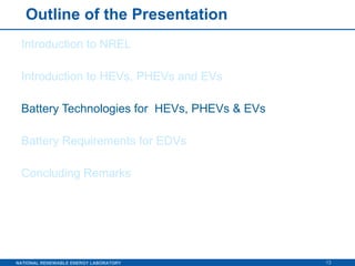 Outline of the Presentation Introduction to NREL Introduction to HEVs, PHEVs and EVs Battery Technologies for  HEVs, PHEVs & EVs Battery Requirements for EDVs Concluding Remarks 