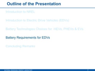 Outline of the Presentation Introduction to NREL Introduction to Electric Drive Vehicles (EDVs) Battery Technologies Choices for  HEVs, PHEVs & EVs Battery Requirements for EDVs Concluding Remarks 
