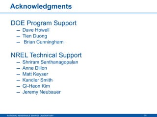 Acknowledgments DOE Program Support Dave Howell Tien Duong Brian Cunningham NREL Technical Support Shriram Santhanagopalan  Anne Dillon Matt Keyser Kandler Smith  Gi-Heon Kim Jeremy Neubauer 