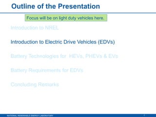 Outline of the Presentation Introduction to NREL Introduction to Electric Drive Vehicles (EDVs) Battery Technologies for  HEVs, PHEVs & EVs Battery Requirements for EDVs Concluding Remarks Focus will be on light duty vehicles here.  