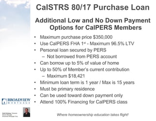 CalSTRS 80/17 Purchase Loan Additional Low and No Down Payment Options for CalPERS Members Maximum purchase price $350,000 Use CalPERS FHA 1 st  - Maximum 96.5% LTV Personal loan secured by PERS Not borrowed from PERS account Can borrow up to 5% of value of home Up to 50% of Member’s current contribution Maximum $18,421 Minimum loan term is 1 year / Max is 15 years Must be primary residence Can be used toward down payment only Attend 100% Financing for CalPERS class 