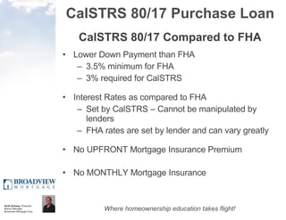 CalSTRS 80/17 Purchase Loan CalSTRS 80/17 Compared to FHA Lower Down Payment than FHA 3.5% minimum for FHA 3% required for CalSTRS Interest Rates as compared to FHA Set by CalSTRS – Cannot be manipulated by lenders FHA rates are set by lender and can vary greatly No UPFRONT Mortgage Insurance Premium No MONTHLY Mortgage Insurance 