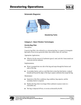 Wood Mulching                                                                               SS-8




                                                                         Standard Symbol

                                                                          BMP Objectives
                                                                    Soil Stabilization
                                                                    Sediment Control
                                                                    Tracking Control
                                                                    Wind Erosion Control
                                                                    Non-Storm Water Management
                                                                    Materials and Waste Management


 Definition and Wood mulching consist of applying a mixture of shredded wood mulch, bark or
      Purpose compost. Wood mulch is mostly applicable to landscape projects.
                    The primary function of wood mulching is to reduce erosion by protecting bare
                    soil from rainfall impact, increasing infiltration, and reducing runoff.

  Appropriate Wood mulching is considered a temporary soil stabilization (erosion control)
  Applications alternative in the following situations:
                        As a stand-alone temporary surface cover on disturbed areas until soils can be
                        prepared for revegetation and permanent vegetative cover can be established.

                        As short term, non-vegetative ground cover on slopes to reduce rainfall impact,
                        decrease the velocity of sheet flow, settle out sediment and reduce wind
                        erosion.

    Limitations         Wood mulch may introduce unwanted species.

                        Shredded wood does not withstand concentrated flows and is prone to sheet
                        erosion.

                        Green material has the potential for the presence of unwanted weeds and other
                        plant materials. Delivery system is primarily by manual labor, although
                        pneumatic application equipment is available.




   Caltrans Storm Water Quality Handbooks                                                       Section 3
   Construction Site Best Management Practices Manual                                  Wood Mulching SS-8
   March 1, 2003                                                                                    1 of 3
 