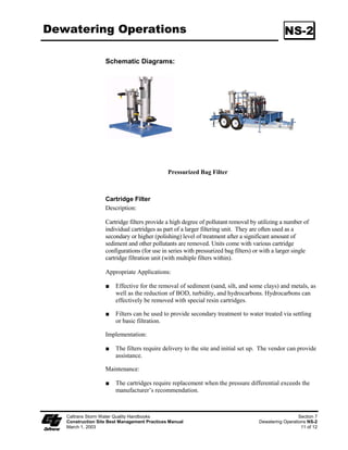 Earth Dikes/Drainage Swales                                                                       SS-9
and Lined Ditches




                                                                           Standard Symbol

                                                                          BMP Objectives
                                                                   Soil Stabilization
                                                                   Sediment Control
                                                                   Tracking Control
                                                                   Wind Erosion Control
                                                                   Non-Storm Water Management
                                                                   Materials and Waste Management


  Definition and These are structures that intercept, divert and convey surface run-on, generally
       Purpose sheet flow, to prevent erosion.
   Appropriate            Earth dikes/drainage swales and lined ditches may be used to:
   Applications
                         ϑ     Convey surface runoff down sloping land.

                         ϑ     Intercept and divert runoff to avoid sheet flow over sloped surfaces.

                         ϑ     Divert and direct runoff towards a stabilized watercourse, drainage pipe
                               or channel.

                         ϑ     Intercept runoff from paved surfaces.

                          Earth dikes/drainage swales and lined ditches also may be used:

                         ϑ     Below steep grades where runoff begins to concentrate.

                         ϑ     Along roadways and facility improvements subject to flood drainage.

                         ϑ     At the top of slopes to divert run-on from adjacent or undisturbed slopes.

                         ϑ     At bottom and mid-slope locations to intercept sheet flow and convey
                               concentrated flows.
                          This BMP may be implemented on a project-by-project basis with other
                          BMPs when determined necessary and feasible by the Resident Engineer
                          (RE).




    Caltrans Storm Water Quality Handbooks                                                              Section 3
    Construction Site Best Management Practices Manual        Earth Dikes/Drainage Swales and Lined Ditches SS-9
    March 1, 2003                                                                                          1 of 3
 