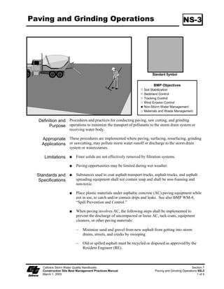 Earth Dikes/Drainage Swales                                                                 SS-9
and Lined Ditches




   Caltrans Storm Water Quality Handbooks                                                         Section 3
   Construction Site Best Management Practices Manual   Earth Dikes/Drainage Swales and Lined Ditches SS-9
   March 1, 2003                                                                                     3 of 3
 