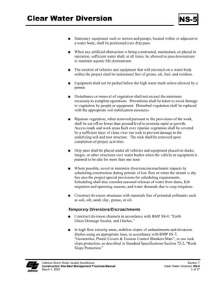 Streambank Stabilization                                                            SS-12

  Inspection and          Inspect BMPs daily during construction.
    Maintenance
                          Maintain and repair BMPs.
                          Remove accumulated sediment as necessary.




    Caltrans Storm Water Quality Handbooks                                                  Section 3
    Construction Site Best Management Practices Manual                Streambank Stabilization SS-12
    March 1, 2003                                                                              8 of 9
 