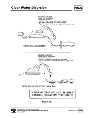 Sediment/Desilting Basin                                                                       SC-2




                                                                          Standard Symbol

                                                                         BMP Objectives
                                                                   Soil Stabilization
                                                                   Sediment Control
                                                                   Tracking Control
                                                                   Wind Erosion Control
                                                                   Non-Storm Water Management
                                                                   Materials and Waste Management


  Definition and A sediment/desilting basin is a temporary basin formed by excavating and/or
       Purpose constructing an embankment so that sediment-laden runoff is temporarily
                     detained under quiescent conditions, allowing sediment to settle out before the
                     runoff is discharged (refer to Figures 1 and 2).

   Appropriate Sediment basins shall be designed in accordance with Section A of the State of
   Applications California NPDES General Permit for Storm Water Discharges Associated with
                     Construction Activities (General Permit). If there is insufficient area to construct
                     a sediment basin in accordance with the General Permit requirements, then the
                     alternate desilting design standards specified herein may be used. This BMP may
                     be implemented on a project-by-project basis with other BMPs when determined
                     necessary and feasible by the RE.

                     Sediment/Desilting Basins shall be considered for use:

                          On construction projects with disturbed areas during the rainy season.

                          Where sediment-laden water may enter the drainage system or watercourses.

                          At outlets of disturbed soil areas with areas between 2 ha and 4 ha (5 ac and
                          10 ac).

     Limitations          Alternative BMPs must be thoroughly investigated for erosion control before
                          selecting temporary desilting basins.

                          Requires large surface areas to permit settling of sediment.

                          Not appropriate for drainage areas greater than 30 ha (75 ac).

                          Not to be located in live streams


    Caltrans Storm Water Quality Handbooks                                                           Section 4
    Construction Site Best Management Practices Manual                           Sediment/Desilting Basin SC-2
    March 1, 2003                                                                                       1 of 10
 