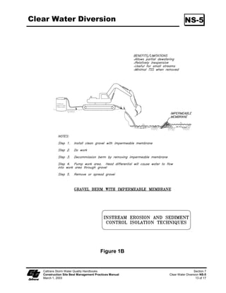 Sediment/Desilting Basin                                                                          SC-2

                           For safety reasons, basins shall have protective fencing.

                           Size may be limited by availability of right-of-way.

  Standards and            Limit the contributing area to the sediment/desilting basin to only the runoff
   Specifications          from the disturbed soil areas. Use temporary concentrated flow conveyance
                           controls to divert runoff from undisturbed areas away from the
                           sediment/desilting basin.

                      Sediment Basin
                           Sediment basins shall, at a minimum, be designed as follows:

                          ϑ     Option 1: Pursuant to local ordinance for sediment basin design and
                                maintenance, provided that the design efficiency is as protective or more
                                protective of water quality than Option 3.

                                                               OR

                          ϑ     Option 2: Sediment basin(s), as measured from the bottom of the basin
                                to the principal outlet, shall have at least a capacity equivalent to 102
                                cubic meters (3,600 cubic feet) of storage per 0.4 hectare (1 acre)
                                draining into the sediment basin. The length of the basin shall be more
                                than twice the width of the basin. The length is determined by
                                measuring the distance between the inlet and the outlet; and the depth
                                must not be less than 0.9 m (3 ft) nor greater than 1.5 m (5 ft) for safety
                                reasons and for maximum efficiency.

                                                               OR

                          ϑ     Option 3: Sediment basin(s) shall be designed using the standard
                                equation:

                                                          As=1.2Q/Vs      (Eq. 1)

                                Where:
                                As = Minimum surface area for trapping soil particles of a certain size
                                Vs = Settling velocity of the design particle size chosen
                                Q=CIA
                                Where:
                                Q = Discharge rate measured in cubic feet per second
                                C = Runoff coefficient
                                I = Precipitation intensity for the 10-year, 6-hour rain event
                                A = Area draining into the sediment basin in acres

     Caltrans Storm Water Quality Handbooks                                                             Section 4
     Construction Site Best Management Practices Manual                             Sediment/Desilting Basin SC-2
     March 1, 2003                                                                                         2 of 10
 