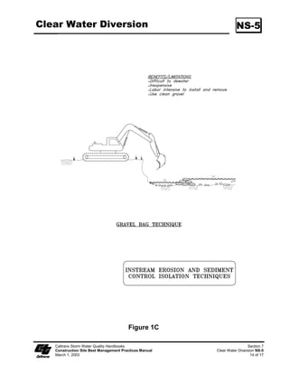 Sediment/Desilting Basin                                                                       SC-2

                              The design particle size shall be the smallest soil grain size determined
                              by wet sieve analysis, or the fine silt sized (0.01mm) particle, and the Vs
                              used shall be 100 percent of the calculated settling velocity.

                              The length is determined by measuring the distance between the inlet
                              and the outlet; the length shall be more than twice the dimension as the
                              width; the depth shall not be less than 0.9 m (3 ft) nor greater than 1.5 m
                              (5 ft) for safety reasons and for maximum efficiency [0.6 m (2 ft) of
                              sediment storage, 0.6 m (2 ft) of capacity). The basin(s) shall be located
                              on the site where it can be maintained on a year-round basis and shall be
                              maintained on a schedule to retain the 0.6 m (2 ft) of capacity.

                                                             OR

                        ϑ     Option 4: The use of an equivalent surface area design or equation,
                              provided that the design efficiency is as protective or more protective of
                              water quality than Option 3.

                    Desilting Basin
                         Desilting basins shall be designed to have a capacity equivalent to 100 cubic
                         meters of storage (as measured from the top of the basin to the principal
                         outlet) per hectare of contributory area. This design is less than the required
                         to capture the 0.01 mm particle size but larger than that required to capture
                         particles 0.02 mm or larger.

                         The length of the basin shall be more than twice the width of the basin; the
                         length shall be determined by measuring the distance between the inlet and
                         the outlet.

                         The depth must be no less than one (1) meter nor greater than 1.5 m.

                         Basins with an impounding levee greater than 1.5 m (5 ft) tall, measured from
                         the lowest point to the impounding area to the highest point of the levee, and
                         basins capable of impounding more than 1000 cubic meters (35,300 cubic
                         feet), shall be designed by a professional Civil Engineer registered with the
                         state of California. The design must be submitted to the Resident Engineer
                         (RE) for approval at least 7 days prior to the basin construction. The design
                         shall include maintenance requirements, including sediment and vegetation
                         removal, to ensure continuous function of the basin outlet and bypass
                         structures.

                    General Requirements
                         Design and locate sediment/desilting basins so that they can be maintained.
                         Construct desilting basins prior to the rainy season and construction activities.

                         Sediment/desilting basins, regardless of size and storage volume, shall include
                         features to accommodate overflow or bypass flows that exceed the design storm
                         event. The calculated basin volume and proposed location shall be submitted to

   Caltrans Storm Water Quality Handbooks                                                            Section 4
   Construction Site Best Management Practices Manual                            Sediment/Desilting Basin SC-2
   March 1, 2003                                                                                        3 of 10
 