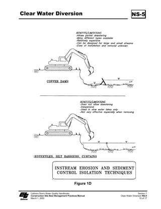 Sediment/Desilting Basin                                                                         SC-2

                         the RE for approval at least 3 days prior to the basin construction.

                         Construct an emergency spillway to accommodate flows not carried by the
                         principal spillway. Spillway shall consist of an open channel (earthen or
                         vegetated) over undisturbed material (not fill) or constructed of a non-
                         erodible riprap.

                         Spillway control section, which is a level portion of the spillway channel at
                         the highest elevation in the channel, shall be a minimum of 6 m (20 ft) in
                         length.

                         A forebay, constructed upstream of the basin may be provided to remove
                         debris and larger particles.

                         Basin inlets shall be located to maximize travel distance to the basin outlet.

                         Rock or vegetation shall be used to protect the basin inlet and slopes against
                         erosion.

                         The outflow from the basins shall be provided with outlet protection to
                         prevent erosion and scouring of the embankment and channel. See BMP SS-
                         10, “Outlet Protection/Velocity Dissipation Devices.”

                         Basin shall be located: (1) by excavating a suitable area or where a low
                         embankment can be constructed across a swale, (2) where post-construction
                         (permanent) detention basins will be constructed, (3) where failure would not
                         cause loss of life or property damage, (4) where the basins can be maintained
                         on a year-round basins to provide access for maintenance, including sediment
                         removal and sediment stockpiling in a protected area, and to maintain the
                         basin to provide the required capacity.

                         Areas under embankments, structural works, and sediment/desilting basin
                         must be cleared, stripped of vegetation in accordance with Standard
                         Specifications Section 16 – “Clearing and Grubbing.”

                         Earthwork shall be in accordance with Standard Specifications Section 19 –
                         “Earthwork”. Contractor is specifically directed to Standard Specifications
                         Sections 19-5, “Compaction,” and 19-6, “Embankment Construction.”

                         Structure shall be placed on a firm, smooth foundation with the base securely
                         anchored with concrete or other means to prevent floatation.

                         Discharge from the basin shall be accomplished through a water quality
                         outlet. An example is shown in Figure 3. The Principal outlet shall consist of
                         a corrugated metal, high density polyethylene (HDPE), or reinforced concrete
                         riser pipe with dewatering holes and an anti-vortex device and trash rack
                         attached to the top of the riser, to prevent floating debris from flowing out of
                         the basin or obstructing the system. This principal structure shall be designed


   Caltrans Storm Water Quality Handbooks                                                              Section 4
   Construction Site Best Management Practices Manual                              Sediment/Desilting Basin SC-2
   March 1, 2003                                                                                          4 of 10
 
