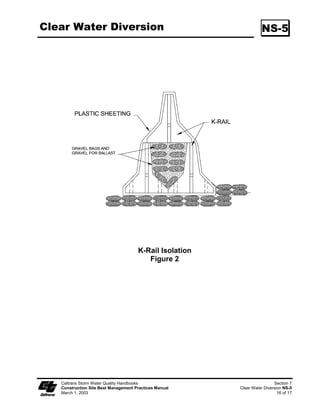 Sediment/Desilting Basin                                                                           SC-2

                         to accommodate the inflow design storm.

                         A rock pile or rock-filled gabions can serve as alternatives to the debris
                         screen, although the designer should be aware of the potential for extra
                         maintenance involved should the pore spaces in the rock pile clog.

                         Proper hydraulic design of the outlet is critical to achieving the desired
                         performance of the basin. The water quality outlet should be designed to
                         drain the basin within 24 to 72 hours (also referred to as “drawdown time”).
                         (The 24-hour limit is specified to provide adequate settling time; the 72-hour
                         limit is specified to mitigate vector control concerns.)

                         The two most common outlet problems that occur are: (1) the capacity of the
                         outlet is too great resulting in only partial filling of the basin and drawdown
                         time less than designed for; and (2) the outlet clogs because it is not
                         adequately protected against trash and debris. To avoid these problems, the
                         following outlet types are recommended for use: (1) a single orifice outlet
                         with or without the protection of a riser pipe, and (2) perforated riser. Design
                         guidance for single orifice and perforated riser outlets are as follows:

                        Flow Control Using a Single Orifice At The Bottom Of The Basin
                        (Figure 1): The outlet control orifice should be sized using the following
                        equation:

                              2 A( H ϑ Ho) 0.5 (7 x10 ϑ5 ) A( H ϑ Ho) 0.5
                         aΖ                     Ζ                               (Eq. 2)
                              3600CT (2 g ) 0.5            CT

                        where:
                        a   =     area of orifice (ft2) (1 ft2 =0.0929m2)
                        A =       surface area of the basin at mid elevation (ft2)
                        C =       orifice coefficient
                        T =       drawdown time of full basin (hrs)
                        G =       gravity (32.2 ft/s2)
                        H =       elevation when the basin is full (ft)
                        Ho =      final elevation when basin is empty (ft)

                        With a drawdown time of 40 hours, the equation becomes:

                              (1.75 x10ϑ6 ) A( H ϑ Ho)0.5
                         aΖ                                                      (Eq. 3)
                                           C


                        Flow Control Using Multiple Orifices (see Figure2):




   Caltrans Storm Water Quality Handbooks                                                                Section 4
   Construction Site Best Management Practices Manual                                Sediment/Desilting Basin SC-2
   March 1, 2003                                                                                            5 of 10
 