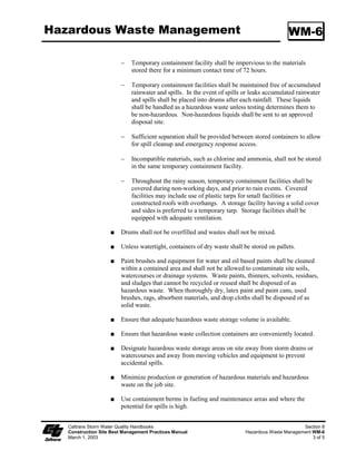 Stabilized Construction Entrance/Exit TC-1




                                                                              Standard Symbol

                                                                             BMP Objectives
                                                                      Soil Stabilization
                                                                      Sediment Control
                                                                      Tracking Control
                                                                      Wind Erosion Control
                                                                      Non-Storm Water Management
                                                                      Materials and Waste Management


  Definition and A stabilized construction access is defined by a point of entrance/exit to a
       Purpose construction site that is stabilized to reduce the tracking of mud and dirt onto
                      public roads by construction vehicles.

    Appropriate            Use at construction sites:
    Applications
                           ϑ   Where dirt or mud can be tracked onto public roads.

                           ϑ   Adjacent to water bodies.

                           ϑ   Where poor soils are encountered.

                           ϑ   Where dust is a problem during dry weather conditions.
                           This BMP may be implemented on a project-by-project basis in addition to
                           other BMPs when determined necessary and feasible by the Resident
                           Engineer (RE).

      Limitations          Site conditions will dictate design and need.

  Standards and            Limit the points of entrance/exit to the construction site.
   Specifications
                           Limit speed of vehicles to control dust.

                           Properly grade each construction entrance/exit to prevent runoff from leaving
                           the construction site.

                           Route runoff from stabilized entrances/exits through a sediment-trapping
                           device before discharge.

                           Design stabilized entrance/exit to support the heaviest vehicles and equipment
                           that will use it.


     Caltrans Storm Water Quality Handbooks                                                                 Section 6
     Construction Site Best Management Practices Manual                    Stabilized Construction Entrance/Exit TC-1
     March 1, 2003                                                                                              1 of 4
 