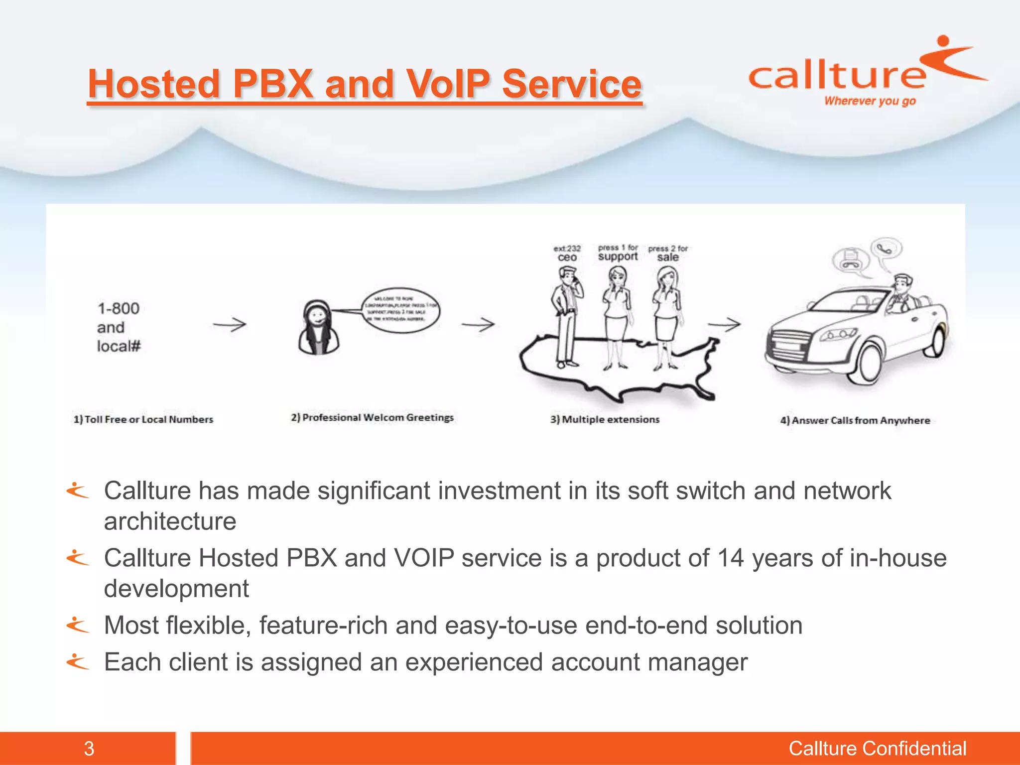 Hosted PBX and VoIP Service




    Callture has made significant investment in its soft switch and network
    architecture
    Callture Hosted PBX and VOIP service is a product of 14 years of in-house
    development
    Most flexible, feature-rich and easy-to-use end-to-end solution
    Each client is assigned an experienced account manager


3                                                              Callture Confidential
 