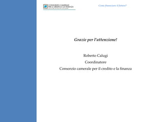 Come finanziare il futuro?

Grazie per l’attenzione!

Roberto Calugi
Coordinatore
Consorzio camerale per il credito e la finanza

 