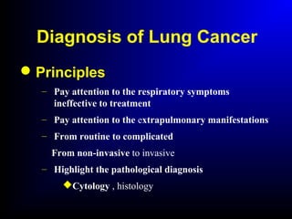 Diagnosis of Lung Cancer
Principles
– Pay attention to the respiratory symptoms
ineffective to treatment
– Pay attention to the extrapulmonary manifestations
– From routine to complicated
From non-invasive to invasive
– Highlight the pathological diagnosis
Cytology , histology
 