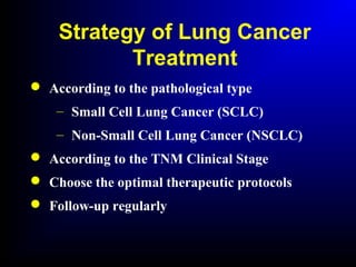 Strategy of Lung Cancer
Treatment
 According to the pathological type
– Small Cell Lung Cancer (SCLC)
– Non-Small Cell Lung Cancer (NSCLC)
 According to the TNM Clinical Stage
 Choose the optimal therapeutic protocols
 Follow-up regularly
 