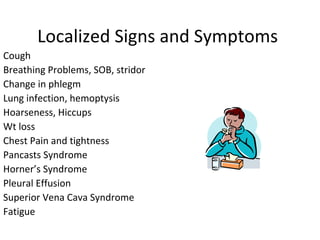Localized Signs and Symptoms
Cough
Breathing Problems, SOB, stridor
Change in phlegm
Lung infection, hemoptysis
Hoarseness, Hiccups
Wt loss
Chest Pain and tightness
Pancasts Syndrome
Horner’s Syndrome
Pleural Effusion
Superior Vena Cava Syndrome
Fatigue
 