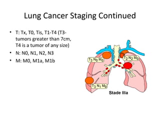 Lung Cancer Staging Continued
• T: Tx, T0, Tis, T1-T4 (T3-
tumors greater than 7cm,
T4 is a tumor of any size)
• N: N0, N1, N2, N3
• M: M0, M1a, M1b
 