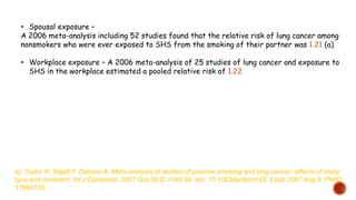 • Spousal exposure –
A 2006 meta-analysis including 52 studies found that the relative risk of lung cancer among
nonsmokers who were ever exposed to SHS from the smoking of their partner was 1.21 (a)
• Workplace exposure – A 2006 meta-analysis of 25 studies of lung cancer and exposure to
SHS in the workplace estimated a pooled relative risk of 1.22
a). Taylor R, Najafi F, Dobson A. Meta-analysis of studies of passive smoking and lung cancer: effects of study
type and continent. Int J Epidemiol. 2007 Oct;36(5):1048-59. doi: 10.1093/ije/dym158. Epub 2007 Aug 9. PMID:
17690135.
 