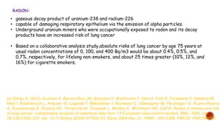 • gaseous decay product of uranium-238 and radium-226
• capable of damaging respiratory epithelium via the emission of alpha particles.
• Underground uranium miners who were occupationally exposed to radon and its decay
products have an increased risk of lung cancer
• Based on a collaborative analysis study,absolute risks of lung cancer by age 75 years at
usual radon concentrations of 0, 100, and 400 Bq/m3 would be about 0.4%, 0.5%, and
0.7%, respectively, for lifelong non-smokers, and about 25 times greater (10%, 12%, and
16%) for cigarette smokers.
RADON:
(a) Darby S, Hill D, Auvinen A, Barros-Dios JM, Baysson H, Bochicchio F, Deo H, Falk R, Forastiere F, Hakama M,
Heid I, Kreienbrock L, Kreuzer M, Lagarde F, Mäkeläinen I, Muirhead C, Oberaigner W, Pershagen G, Ruano-Ravina
A, Ruosteenoja E, Rosario AS, Tirmarche M, Tomásek L, Whitley E, Wichmann HE, Doll R. Radon in homes and risk
of lung cancer: collaborative analysis of individual data from 13 European case-control studies. BMJ. 2005 Jan
29;330(7485):223. doi: 10.1136/bmj.38308.477650.63. Epub 2004 Dec 21. PMID: 15613366; PMCID: PMC546066.
 