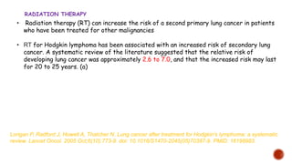 • Radiation therapy (RT) can increase the risk of a second primary lung cancer in patients
who have been treated for other malignancies
• RT for Hodgkin lymphoma has been associated with an increased risk of secondary lung
cancer. A systematic review of the literature suggested that the relative risk of
developing lung cancer was approximately 2.6 to 7.0, and that the increased risk may last
for 20 to 25 years. (a)
RADIATION THERAPY
Lorigan P, Radford J, Howell A, Thatcher N. Lung cancer after treatment for Hodgkin's lymphoma: a systematic
review. Lancet Oncol. 2005 Oct;6(10):773-9. doi: 10.1016/S1470-2045(05)70387-9. PMID: 16198983.
 