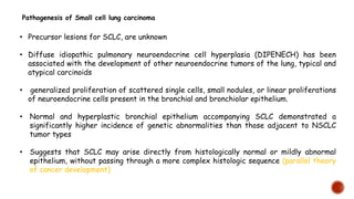 • Precursor lesions for SCLC, are unknown
• Diffuse idiopathic pulmonary neuroendocrine cell hyperplasia (DIPENECH) has been
associated with the development of other neuroendocrine tumors of the lung, typical and
atypical carcinoids
• generalized proliferation of scattered single cells, small nodules, or linear proliferations
of neuroendocrine cells present in the bronchial and bronchiolar epithelium.
• Normal and hyperplastic bronchial epithelium accompanying SCLC demonstrated a
significantly higher incidence of genetic abnormalities than those adjacent to NSCLC
tumor types
• Suggests that SCLC may arise directly from histologically normal or mildly abnormal
epithelium, without passing through a more complex histologic sequence (parallel theory
of cancer development)
Pathogenesis of Small cell lung carcinoma
 
