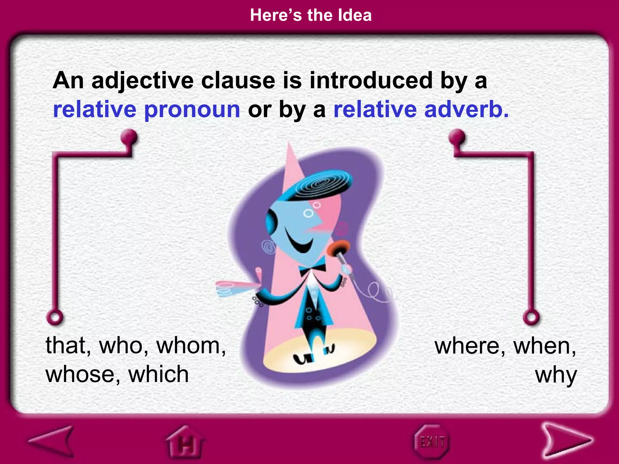Here’s the Idea


An adjective clause is introduced by a
relative pronoun or by a relative adverb.




that, who, whom,                     where, when,
whose, which                                 why
 