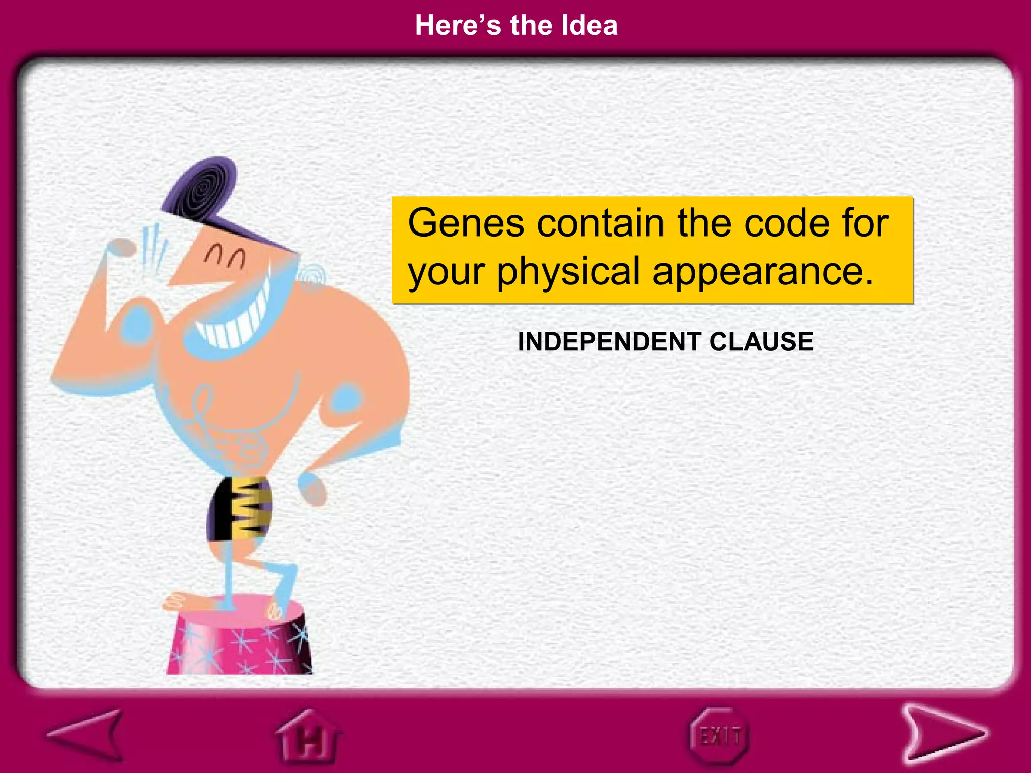 Here’s the Idea




Genes contain the code for
your physical appearance.
       INDEPENDENT CLAUSE
 