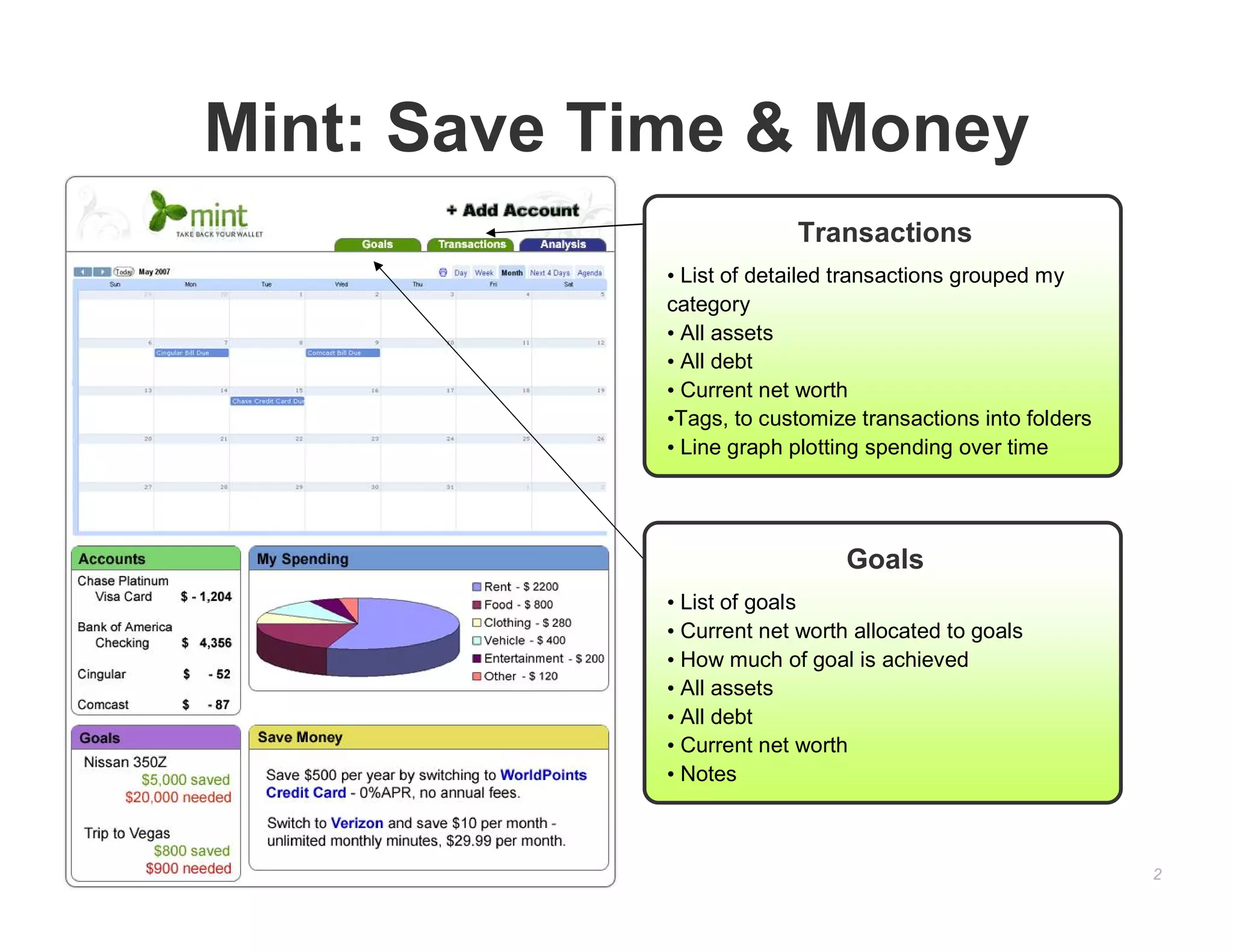 Mint: Save Time & Money
                         Transactions
            • List of detailed transactions grouped my
            category
            • All assets
            • All debt
            • Current net worth
            •Tags, to customize transactions into folders
            • Line graph plotting spending over time




                               Goals
            • List of goals
            • Current net worth allocated to goals
            • How much of goal is achieved
            • All assets
            • All debt
            • Current net worth
            • Notes



                                                            2
 