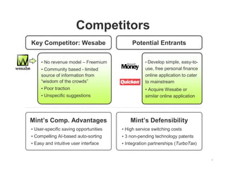 Competitors
Key Competitor: Wesabe                      Potential Entrants

     • No revenue model – Freemium            ...