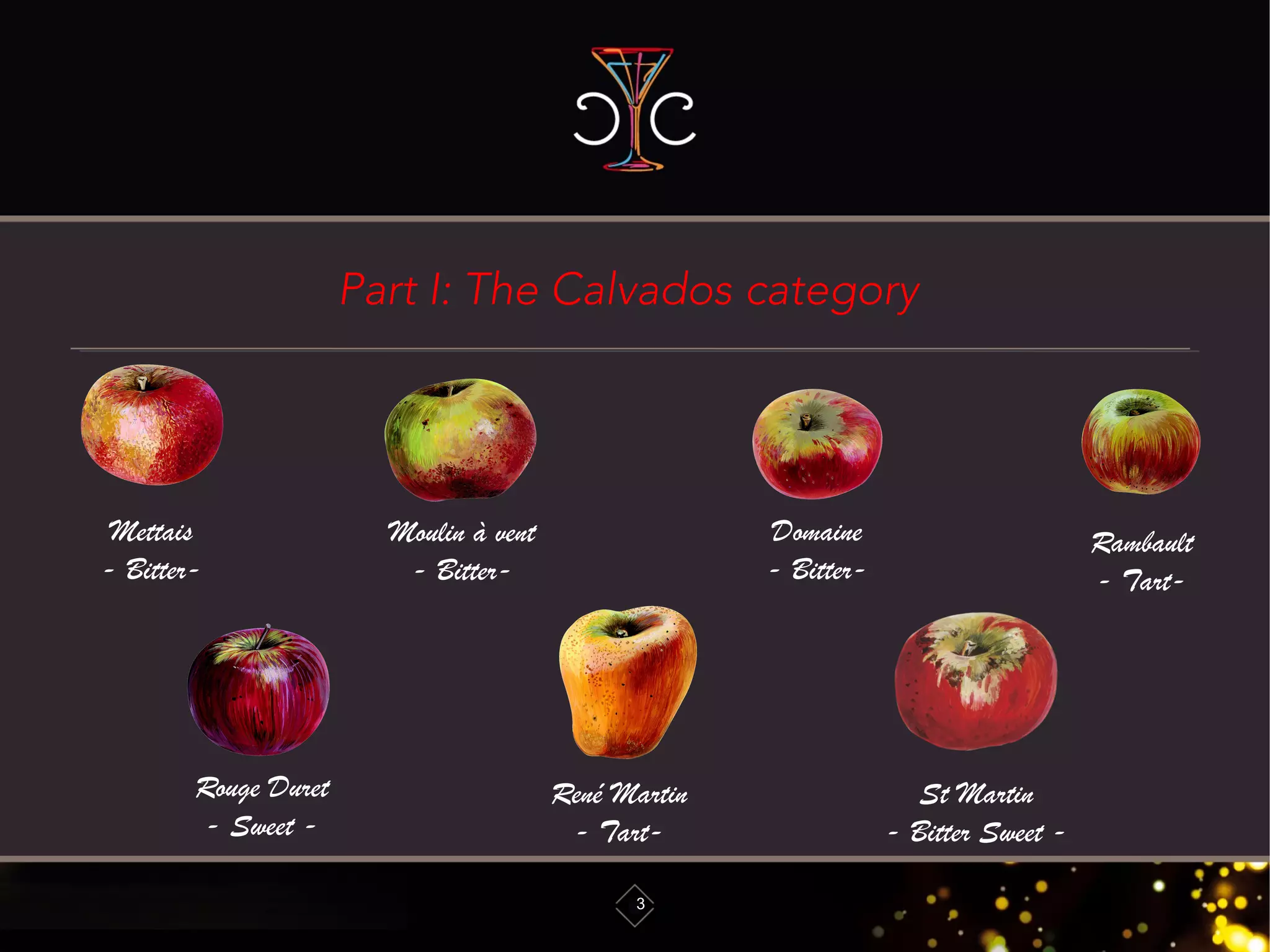 Part I: The Calvados category
3
Mettais
- Bitter-
Rouge Duret
- Sweet -
Domaine
- Bitter-
Moulin à vent
- Bitter-
René Martin
- Tart-
St Martin
- Bitter Sweet -
Rambault
- Tart-
 