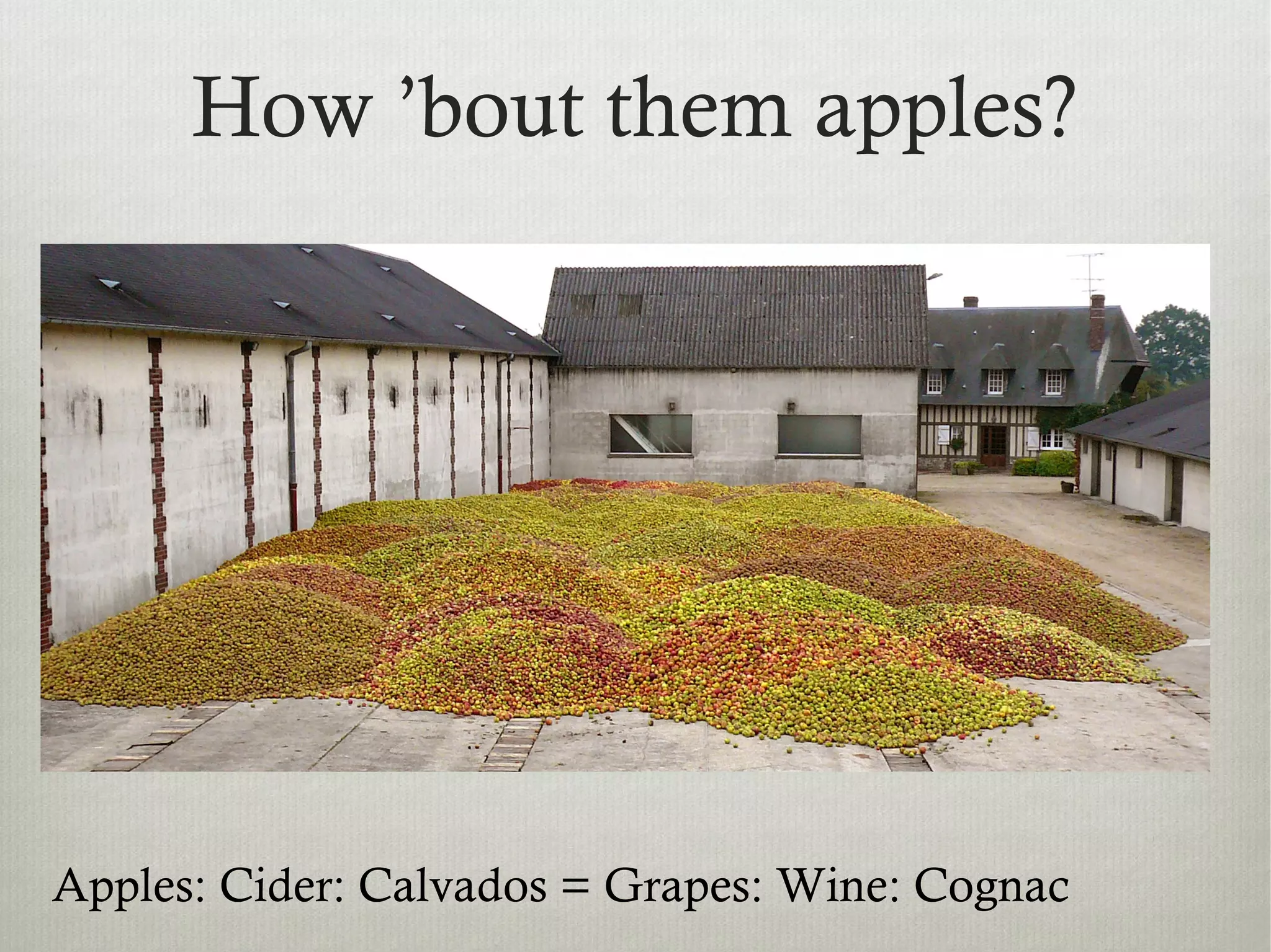 How ’bout them apples?
Apples: Cider: Calvados = Grapes: Wine: Cognac
 