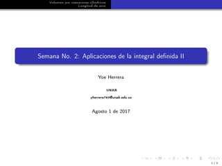 Volumen por cascarones cilíndricos
Longitud de arco
Semana No. 2: Aplicaciones de la integral deﬁnida II
Yoe Herrera
UNAB
yherrera743@unab.edu.co
Agosto 1 de 2017
1 / 5
 