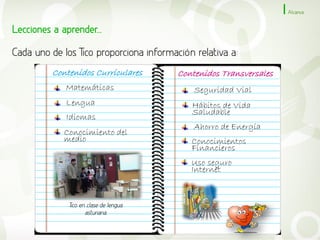 Alcance


Lecciones a aprender...

Cada uno de los Tico proporciona información relativa a:
          Contenidos Curriculares        Contenidos Transversales
             Matemáticas                     Seguridad Vial
             Lengua                         Hábitos de Vida
                                            Saludable
             Idiomas
                                             Ahorro de Energía
             Conocimiento del
             medio                          Conocimientos
                                            Financieros
                                            Uso seguro
                                            Internet


              Tico en clase de lengua
                     asturiana
 