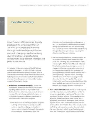 NFI -0.09 -1.13% INSU -0.68 -5.39% ITWO -0.12 -1.68% JOSB +0.85 +4.20% KOPN -0.03 -1.91% LONG +0.18 +3.51% LUFK -0.24 -0.86% MTXX -0.23 -1.37% PSEC -0.20 -3.04% QCOR -0.12 -2.39% RGR +0.04 +0.39% S
  EAC 4.32 unch SHOR -0.37 -8.92% SIGM -0.91 -6.03% SNWL -0.29 -6. -82% SUPG +0.01 +0.63% TG -0.77 -5.07% TIVO -0.35 -5.38% TTEC -0.04 -0.46% WIRE -0.38 -2.23% ACTG -0.26 -10.40% ALNC -0.69 -4.05% ARE
ARL -0.11 -1.03% AZZ -0.16 -0.93% BCPC -0.49 -2.53% BHB -0.98 -5.16% BKMU -0.19 -2.62% CBZ -0.37 -5.60% CGNX -0.40 -4.02% CLRT -0.05 -2.98% CNU -0.02 -1.23% DFZ +0.17 +3.05% CRGN +0.02 +2.67% WXH
AHPI 0.07 -1.33% ALDA -0.05 -0.95% CSLR 5.00 unch CVV -0.16 -6.37% CYAN +0.00 +0.01% EWST -0.01 -0.10% FLL 0.09 -8.65% KSW -0.10 -4.69% LFT -0.15 -0.84% MVC +0.82 +12.85% PRLS -0.06 -3.64% SCLN -0.03
  NFCA -0.29 -14.26% SPAN +0.07 +0.85% TIII +0.02 +3.92% VSCP +0.09 +9.09% AIRT -0.22 -3.67% AMEN -0.15 -4.76% AWH -0.52 -1.55% BITI +0.01 +0.35% CHMP +0.33 +21.97% CKX 11.01 unch CLFD -0.09 -8.04%
                                                                EXAMINING THE CRACKS IN THE CEILING: A SURVEY OF CORPORATE DIVERSITY PRACTICES OF THE S&P 100—OCTOBER 2010
36% CNAF 15.51 unch DIT +0.83 +3.76% FFDF 11.25 unch HIFN +0.01 +0.26% INHX 0.24 unch KIRK +0.08 +2.85% LBCP -0.15 -2.31% LKI -0.07 -5.04% NUHC -0.07 -4.46% OKN +0.02 +0.24% PW -0.03 -0.28% RAND +0.1
                                                                                                                                                                                                               3
  GDX -0.15 -15.00% SSE 5.75 unch TAST -0.17 -5.82% TCX 0.36 unch TOFC 4.75 unch TWER +0.02 +2.74% UBOH +0.04 +0.44% UNFY -0.20 -10.00% VII -0.05 -1.01% WVFC -0.01 -0.06% ACFN +0.09 +4.18% AFOP -0.0
APSG -0.03 -1.00% ARQL -0.03 -1.00% COBH +0.58 +4.52% CSBK -0.21 -2.54% CY +0.31 +4.75% DBTK +0.31 +4.75% DEP -0.41 -2.86% EBS -1.01 -5.07% ENSG -0.22 -1.54% EXTR -0.17 -13.82% FORR -0.13 -0.78% HBE
HMSY +0.19 +0.60% HTGC -0.04 -1.10% HTS -0.07 -0.32% INFI -0.09 -1.13% INSU -0.68 -5.39% ITWO -0.12 -1.68% JOSB +0.85 +4.20% KOPN -0.03 -1.91% LONG +0.18 +3.51% LUFK -0.24 -0.86% MTXX -0.23 -1.37% 
04% QCOR -0.12 -2.39% RGR +0.04 +0.39% SCL -1.66 -6.43% SEAC 4.32 unch SHOR -0.37 -8.92% SIGM -0.91 -6.03% SNWL -0.29 -6. -82% SUPG +0.01 +0.63% TG -0.77 -5.07% TIVO -0.35 -5.38% TTEC -0.04 -0.46% 
23% ACTG -0.26 -10.40% ALNC -0.69 -4.05% AREX -0.22 -4.45% ARL -0.11 -1.03% AZZ -0.16 -0.93% BCPC -0.49 -2.53% BHB -0.98 -5.16% BKMU -0.19 -2.62% CBZ -0.37 -5.60% CGNX -0.40 -4.02% CLRT -0.05 -2.98%
23% DFZ +0.17 +3.05% ///////////////////////////////////////////////////////// CRGN +0.02 +2.67% WXH +0.15 +1.61% AHPI 0.07 -1.33% ALDA -0.05 -0.95% CSLR 5.00 unch CVV -0.16 -6.37% CYAN +0.00 +0.01% EWST -0.01 -0.10
65% KSW -0.10 -4.69% LFT -0.15 -0.84% MVC +0.82 +12.85% PRLS -0.06 -3.64% SCLN -0.03 -2.78% SNFCA -0.29 -14.26% SPAN +0.07 +0.85% TIII +0.02 +3.92% VSCP +0.09 +9.09% AIRT -0.22 -3.67% AMEN -0.15 -4
52 -1.55% BITI +0.01 +0.35% CHMP +0.33 +21.97% CKX 11.01 unch CLFD -0.09 -8.04% CLRO 0.17 -5.36% CNAF 15.51 unch DIT +0.83 +3.76% FFDF 11.25 unch HIFN +0.01 +0.26% INHX 0.24 unch KIRK +0.08 +2.85%
31% LKI -0.07 -5.04% NUHC -0.07 -4.46% OKN +0.02 +0.24% PW -0.03 -0.28% RAND +0.15 +4.17% RGDX -0.15 -15.00% SSE 5.75 unch TAST -0.17 -5.82% TCX 0.36 unch TOFC 4.75 unch TWER +0.02 +2.74% UBOH +0.
UNFY -0.20 -10.00% VII -0.05 -1.01% WVFC -0.01 -0.06% ACFN +0.09 +4.18% AFOP -0.01 -1.73% /APSG -0.03 -1.00% ARQL -0.03 -1.00% COBH +0.58 +4.52% CSBK -0.21 -2.54% CY +0.31 +4.75% DBTK +0.31 +4.75%
86% EBS -1.01 -5.07% ENSG -0.22 -1.54% EXTR -0.17 -13.82% FORR -0.13 -0.78% HBE -0.05 -0.75% HMSY +0.19 +0.60% HTGC -0.04 -1.10% HTS -0.07 -0.32% INFI -0.09 -1.13% INSU -0.68 -5.39% ITWO -0.12 -1.68%
 20% KOPN -0.03 -1.91% LONG +0.18 +3.51% LUFK -0.24 -0.86% MTXX -0.23 -1.37% PSEC -0.20 -3.04% QCOR -0.12 -2.39% RGR +0.04 +0.39% SCL -1.66 -6.43% SEAC 4.32 unch SHOR -0.37 -8.92% SIGM -0.91 -6.03
 -82% SUPG +0.01 +0.63% TG -0.77 -5.07% TIVO -0.35 -5.38% TTEC -0.04 -0.46% WIRE -0.38 -2.23% ACTG -0.26 -10.40% ALNC -0.69 -4.05% AREX -0.22 -4.45% ARL -0.11 -1.03% AZZ -0.16 -0.93% BCPC -0.49 -2.53%

                            Executive Summary
16% BKMU -0.19 -2.62% CBZ -0.37 -5.60% CGNX -0.40 -4.02% CLRT -0.05 -2.98% CNU -0.02 -1.23% DFZ +0.17 +3.05% ///////////////////////////////////////////////////////// CRGN +0.02 +2.67% WXH +0.15 +1.61% AHPI 0.07 -1.3
05 -0.95% CSLR 5.00 unch CVV -0.16 -6.37% CYAN +0.00 +0.01% EWST -0.01 -0.10% FLL 0.09 -8.65% KSW -0.10 -4.69% LFT -0.15 -0.84% MVC +0.82 +12.85% PRLS -0.06 -3.64% SCLN -0.03 -2.78% SNFCA -0.29 -14.2
 07 +0.85% TIII +0.02 +3.92% VSCP +0.09 +9.09% AIRT -0.22 -3.67% AMEN -0.15 -4.76% AWH -0.52 -1.55% BITI +0.01 +0.35% CHMP +0.33 +21.97% CKX 11.01 unch CLFD -0.09 -8.04% CLRO 0.17 -5.36% CNAF 15.5
 83 +3.76% FFDF 11.25 unch HIFN +0.01 +0.26% INHX 0.24 unch KIRK +0.08 +2.85% LBCP -0.15 -2.31% LKI -0.07 -5.04% NUHC -0.07 -4.46% OKN +0.02 +0.24% PW -0.03 -0.28% RAND +0.15 +4.17% RGDX -0.15 -15.00%
 AST -0.17 -5.82% TCX 0.36 unch TOFC 4.75 unch TWER +0.02 +2.74% UBOH +0.04 +0.44% UNFY -0.20 -10.00% VII -0.05 -1.01% WVFC -0.01 -0.06% ACFN +0.09 +4.18% AFOP -0.01 -1.73% //////APSG -0.03 -1.00% A
00% COBH +0.58 +4.52% CSBK -0.21 -2.54% CY +0.31 +4.75% DBTK +0.31 +4.75% DEP -0.41 -2.86% EBS -1.01 -5.07% ENSG -0.22 -1.54% EXTR -0.17 -13.82% FORR -0.13 -0.78% HBE -0.05 -0.75% HMSY +0.19 +0.60
10% HTS -0.07 -0.32% INFI -0.09 -1.13% INSU -0.68 -5.39% ITWO -0.12 -1.68% JOSB +0.85 +4.20% KOPN -0.03 -1.91% LONG +0.18 +3.51% LUFK -0.24 -0.86% MTXX -0.23 -1.37% PSEC -0.20 -3.04% QCOR -0.12 -2.39
 39% SCL -1.66 -6.43% SEAC 4.32 unch SHOR -0.37 -8.92% SIGM -0.91 -6.03% SNWL -0.29 -6. -82% SUPG +0.01 +0.63% TG -0.77 -5.07% TIVO -0.35 -5.38% TTEC -0.04 -0.46% WIRE -0.38 -2.23% ACTG -0.26 -10.40%
05% AREX -0.22 -4.45% ARL -0.11 -1.03% AZZ -0.16 -0.93% BCPC -0.49 -2.53% BHB -0.98 -5.16% BKMU -0.19 -2.62% CBZ -0.37 -5.60% CGNX -0.40 -4.02% CLRT -0.05 -2.98% CNU -0.02 -1.23% DFZ +0.17 +3.05%
 ////////////////////////////////////////////////////// CRGN +0.02 +2.67% WXH +0.15 +1.61% AHPI 0.07 -1.33% ALDA -0.05 -0.95% CSLR 5.00 unch CVV -0.16 -6.37% CYAN +0.00 +0.01% EWST -0.01 -0.10% FLL 0.09 -8.65% KSW -0
 FT -0.15 -0.84% MVC +0.82 +12.85% PRLS -0.06 -3.64% SCLN -0.03 -2.78% SNFCA -0.29 -14.26% SPAN +0.07 +0.85% TIII +0.02 +3.92% VSCP +0.09 +9.09% AIRT -0.22 -3.67% AMEN -0.15 -4.76% AWH -0.52 -1.55% 
 35% CHMP +0.33 +21.97% CKX 11.01 unch CLFD -0.09 -8.04% CLRO 0.17 -5.36% CNAF 15.51 unch DIT +0.83 +3.76% FFDF 11.25 unch HIFN +0.01 +0.26% INHX 0.24 unch KIRK +0.08 +2.85% LBCP -0.15 -2.31% LKI -0.
  HC -0.07 -4.46% OKN +0.02 +0.24% PW -0.03 -0.28% RAND +0.15 +4.17% RGDX -0.15 -15.00% SSE 5.75 unch TAST -0.17 -5.82% TCX 0.36 unch TOFC 4.75 unch TWER +0.02 +2.74% UBOH +0.04 +0.44% UNFY -0.20
05 -1.01% WVFC -0.01 -0.06% ACFN +0.09 +4.18% AFOP -0.01 -1.73% APSG -0.03 -1.00% ARQL -0.03 -1.00% COBH +0.58 +4.52% CSBK -0.21 -2.54% CY +0.31 +4.75% DBTK +0.31 +4.75% DEP -0.41 -2.86% EBS -1.0
  NSG -0.22 -1.54% EXTR -0.17 -13.82% FORR -0.13 -0.78% HBE -0.05 -0.75% HMSY +0.19 +0.60% HTGC -0.04 -1.10% HTS -0.07 -0.32% INFI -0.09 -1.13% INSU -0.68 -5.39% ITWO -0.12 -1.68% JOSB +0.85 +4.20% KO
91% LONG +0.18 +3.51% LUFK -0.24 -0.86% MTXX -0.23 -1.37% PSEC -0.20 -3.04% QCOR -0.12 -2.39% RGR +0.04 +0.39% SCL -1.66 -6.43% SEAC 4.32 unch SHOR -0.37 -8.92% SIGM -0.91 -6.03% SNWL -0.29 -6. -82
 01 +0.63% TG -0.77 -5.07% TIVO -0.35 -5.38% TTEC -0.04 -0.46% WIRE -0.38 -2.23% ACTG -0.26 -10.40% ALNC -0.69 -4.05% AREX -0.22 -4.45% ARL -0.11 -1.03% AZZ -0.16 -0.93% BCPC -0.49 -2.53% BHB -0.98 -5.16
19 -2.62% CBZ -0.37 -5.60% CGNX -0.40 -4.02% CLRT -0.05 -2.98% CNU -0.02 -1.23% DFZ +0.17 +3.05%CRGN +0.02 +2.67% WXH +0.15 +1.61% AHPI 0.07 -1.33% ALDA -0.05 -0.95% CSLR 5.00 unch CVV -0.16 -6.37
                  calvert’s.survey.of.the.corporate.diversity.                                                                        effectiveness of instituted policies and programs. In
 00 +0.01% EWST -0.01 -0.10% FLL 0.09 -8.65% KSW -0.10 -4.69% LFT -0.15 -0.84% MVC +0.82 +12.85% PRLS -0.06 -3.64% SCLN -0.03 -2.78% SNFCA -0.29 -14.26% SPAN +0.07 +0.85% TIII +0.02 +3.92% VSCP +0.0
AIRT -0.22 -3.67% AMEN -0.15 -4.76% AWH -0.52 -1.55% BITI +0.01 +0.35% CHMP +0.33 +21.97% CKX 11.01 unch CLFD -0.09 -8.04% CLRO 0.17 -5.36% CNAF 15.51 unch DIT +0.83 +3.76% FFDF 11.25 unch HIFN +0
HX 0.24 unch KIRK +0.08 +2.85% LBCP -0.15 -2.31% LKI -0.07 -5.04% NUHC -0.07 -4.46% OKN +0.02 +0.24% PW -0.03 -0.28% RAND +0.15 +4.17% RGDX -0.15 -15.00% SSE 5.75 unch TASTdata—
                                                                                                                                      fact, 37% of companies still disclose no EEO-1 -0.17 -5.82% TCX 0.36 unch TO
                  practices.of.the.companies.in.the.S&P.
  WER +0.02 +2.74% UBOH +0.04 +0.44% UNFY -0.20 -10.00% VII -0.05 -1.01% WVFC -0.01 -0.06% ACFN +0.09 +4.18% AFOP -0.01 -1.73% ///////////////////////////// APSG -0.03 -1.00% ARQL -0.03 -1.00% COBH +0.58 +4.5
21 -2.54% CY +0.31 +4.75% DBTK +0.31 +4.75% DEP -0.41 -2.86% EBS -1.01 -5.07% ENSG -0.22 -1.54% EXTR -0.17 -13.82% FORR -0.13 -0.78% HBE -0.05 is critical to demonstrating -1.10% HTS -0.07 -0
                                                                                                                                      demographic data that -0.75% HMSY +0.19 +0.60% HTGC -0.04
                  100.index.(S&P.100).reveals.that.while.
09 -1.13% INSU -0.68 -5.39% ITWO -0.12 -1.68% JOSB +0.85 +4.20% KOPN -0.03 -1.91% LONG +0.18 +3.51% LUFK -0.24 -0.86% MTXX -0.23 -1.37% PSEC -0.20 -3.04% QCOR -0.12 -2.39% RGR +0.04 +0.39% SCL -1.6
  EAC 4.32 unch SHOR -0.37 -8.92% SIGM -0.91 -6.03% SNWL -0.29 -6. -82% SUPG +0.01 +0.63% TG -0.77 -5.07% TIVO -0.35 -5.38% TTEC -0.04 -0.46% WIREand -2.23% ACTG -0.26 -10.40% ALNC -0.69 -4.05% ARE
                                                                                                                                      how successfully women -0.38 minorities are advancing
                  the.majority.of.these.large-capitalization.
ARL -0.11 -1.03% AZZ -0.16 -0.93% BCPC -0.49 -2.53% BHB -0.98 -5.16% BKMU -0.19 -2.62% CBZ -0.37 -5.60% CGNX -0.40 -4.02% CLRT -0.05 -2.98% CNU -0.02 -1.23% DFZ +0.17 +3.05% CRGN +0.02 +2.67% WX
AHPI 0.07 -1.33% ALDA -0.05 -0.95% CSLR 5.00 unch CVV -0.16 -6.37% CYAN +0.00 +0.01% EWST -0.01 -0.10% FLL 0.09 -8.65% KSW -0.10a company’s -0.84% MVC +0.82 +12.85% PRLS -0.06 -3.64% SCLN -0.03
                                                                                                                                      throughout -4.69% LFT -0.15 ranks and evaluating the
  NFCA -0.29 -14.26% SPAN +0.07 +0.85% TIII +0.02 +3.92% VSCP +0.09 +9.09% AIRT -0.22 -3.67% AMEN -0.15 -4.76% AWH -0.52 -1.55% BITI +0.01 +0.35% CHMP +0.33 +21.97% CKX 11.01 unch CLFD -0.09 -8.04%
36% CNAF 15.51 unch DIT +0.83 +3.76% FFDF 11.25 unch HIFN +0.01 +0.26% INHX 0.24 unch KIRK +0.08 +2.85% LBCP -0.15 -2.31% LKI -0.07 of diversity initiatives.
                  companies.have.progressed.in.developing.                                                                            effectiveness -5.04% NUHC -0.07 -4.46% OKN +0.02 +0.24% PW -0.03 -0.28% RAND +0.1
  GDX -0.15 -15.00% SSE 5.75 unch TAST -0.17 -5.82% TCX 0.36 unch TOFC 4.75 unch TWER +0.02 +2.74% UBOH +0.04 +0.44% UNFY -0.20 -10.00% VII -0.05 -1.01% WVFC -0.01 -0.06% ACFN +0.09 +4.18% AFOP -0.0
                  diversity.strategies,.a.lack.of.detailed.
APSG -0.03 -1.00% ARQL -0.03 -1.00% COBH +0.58 +4.52% CSBK -0.21 -2.54% CY +0.31 +4.75% DBTK +0.31 +4.75% DEP -0.41 -2.86% EBS -1.01 -5.07% ENSG -0.22 -1.54% EXTR -0.17 -13.82% FORR -0.13 -0.78% HBE
                                                                                                                                  >	 Due to inconsistent disclosure among companies, we
HMSY +0.19 +0.60% HTGC -0.04 -1.10% HTS -0.07 -0.32% INFI -0.09 -1.13% INSU -0.68 -5.39% ITWO -0.12 -1.68% JOSB +0.85 +4.20% KOPN -0.03 -1.91% LONG +0.18 +3.51% LUFK -0.24 -0.86% MTXX -0.23 -1.37% 
04% QCOR -0.12 -2.39% RGR +0.04 +0.39% SCL -1.66 -6.43% SEAC 4.32 unch SHOR -0.37 -8.92% SIGM -0.91 -6.03% SNWL -0.29 -6. -82% SUPG +0.01 +0.63% TG -0.77 -5.07% TIVO -0.35 -5.38% TTEC -0.04 -0.46% 
                  disclosure.and.a.gap.between.strategies.and.
23% ACTG -0.26 -10.40% ALNC -0.69 -4.05% AREX -0.22 -4.45% ARL -0.11 -1.03% AZZ -0.16 -0.93% BCPC -0.49 -2.53% BHBunable toBKMU -0.19number of additional data -4.02% CLRT -0.05 -2.98%
                                                                                                                                      are -0.98 -5.16% factor a -2.62% CBZ -0.37 -5.60% CGNX -0.40
23% DFZ +0.17 +3.05% /CRGN +0.02 +2.67% WXH +0.15 +1.61% AHPI 0.07 -1.33% ALDA -0.05 -0.95% CSLR 5.00 unch CVV -0.16 -6.37% CYAN +0.00 +0.01% EWST -0.01 -0.10% FLL 0.09 -8.65% KSW -0.10 -4.69% 
                  performance.remain..
84% MVC +0.82 +12.85% PRLS -0.06 -3.64% SCLN -0.03 -2.78% SNFCA -0.29 -14.26% SPAN +0.07 +0.85% TIII +0.02 +3.92% VSCP +0.09 +9.09% AIRT -0.22 -3.67% AMEN -0.15been AWH -0.52 -1.55% BITI +0.01
                                                                                                                                      points into our ratings that would have -4.76% helpful
  HMP +0.33 +21.97% CKX 11.01 unch CLFD -0.09 -8.04% CLRO 0.17 -5.36% CNAF 15.51 unch DIT +0.83 +3.76% FFDF 11.25 unch HIFN +0.01 +0.26% INHX 0.24 unch KIRK +0.08 +2.85% LBCP -0.15 -2.31% LKI -0.07 -5.04
46% OKN +0.02 +0.24% PW -0.03 -0.28% RAND +0.15 +4.17% RGDX -0.15 -15.00% SSE 5.75 unch TAST -0.17 -5.82% TCX 0.36 unch TOFC the unch TWER +0.02 +2.74% UBOH +0.04 +0.44% UNFY -0.20 -10.00% V
                                                                                                                                      in assessing 4.75 effectiveness of diversity initiatives.
WVFC -0.01 -0.06% ACFN +0.09 +4.18% AFOP -0.01 -1.73% / APSG -0.03 -1.00% ARQL -0.03 -1.00% COBH +0.58 +4.52% CSBK -0.21 -2.54% CY +0.31 +4.75% DBTK +0.31 +4.75% DEP -0.41 -2.86% EBS -1.01 -5.07% 
54% EXTR -0.17 -13.82% FORR -0.13 -0.78% HBE -0.05 -0.75% HMSY +0.19 +0.60% HTGC -0.04 -1.10% HTS -0.07 -0.32% These factors include -5.39% ITWO -0.12 -1.68%women in
                                                                                                                                      INFI -0.09 -1.13% INSU -0.68 the percentage of  JOSB +0.85 +4.20% KOPN -0.03 -1.91
 18 +3.51% LUFK -0.24 -0.86% MTXX -0.23 -1.37% PSEC -0.20 -3.04% QCOR -0.12 -2.39% RGR +0.04 +0.39% SCL -1.66 -6.43% SEAC 4.32 unch SHOR -0.37 -8.92% SIGM -0.91 -6.03% SNWL -0.29 -6. -82% SUPG +0.0
77 -5.07% TIVO -0.35evaluating the diversity -0.38 -2.23% of the S&P 100, we -0.69 -4.05% AREX -0.22 -4.45% ARL -0.11 -1.03% AZZ -0.16 -0.93% BCPC -0.49 -2.53% BHB -0.98 -5.16% BKMU -0.19 -2
                           In -5.38% TTEC -0.04 -0.46% WIRE practices ACTG -0.26 -10.40% ALNC                                       management training programs, the proportion of
37 -5.60% CGNX -0.40 -4.02% CLRT -0.05 -2.98% CNU -0.02 -1.23% DFZ +0.17 +3.05% CRGN +0.02 +2.67% WXH +0.15 +1.61% AHPI 0.07 -1.33% ALDA -0.05 -0.95% CSLR 5.00 unch CVV -0.16 -6.37% CYAN +0.00 +
                           considered -0.10indicators, including: EEO policy, internal -3.64% SCLN -0.03 -2.78% SNFCA -0.29 -14.26% SPAN +0.07 +0.85% TIII +0.02 +3.92% VSCP +0.09 +9.09% AIRT -0.22
01 -0.10% FLL 0.09 -8.65% KSW                    10 -4.69% LFT -0.15 -0.84% MVC +0.82 +12.85% PRLS -0.06                         total supplier spending dedicated to women and
15 -4.76% AWH -0.52 -1.55% BITI +0.01 +0.35% CHMP +0.33 +21.97% CKX 11.01 unch CLFD -0.09 -8.04% CLRO 0.17 -5.36% CNAF 15.51 unch DIT +0.83 +3.76% FFDF 11.25 unch HIFN +0.01 +0.26% INHX 0.24 unch 
 85% LBCP -0.15 -2.31% LKI -0.07 -5.04% NUHC external OKN +0.02 +0.24% PW -0.03 -0.28% RAND +0.15 +4.17% RGDX -0.15 -15.00% SSE 5.75 unch TAST -0.17 -5.82% TCX 0.36 unch TOFC 4.75 unch TWER +0.02
                           diversity initiatives, -0.07 -4.46% diversity initiatives, scope of                                        minority-owned businesses, and the extent to which
 04 +0.44% UNFY -0.20 -10.00% VII -0.05 -1.01% WVFC -0.01 -0.06% ACFN +0.09 +4.18% AFOP -0.01 -1.73% APSG -0.03 -1.00% ARQL -0.03 -1.00% COBH +0.58 +4.52% CSBK -0.21 -2.54% CY +0.31 +4.75% DBTK +
                           diversity initiatives, family-friendly -13.82% FORREEO-1 disclosure, -0.75% HMSY +0.19 +0.60% training-1.10% HTS -0.07Instead, our ratings INSU -0.68 -5.39% ITWO -
DEP -0.41 -2.86% EBS -1.01 -5.07% ENSG -0.22 -1.54% EXTR -0.17
                                                                                 benefits, -0.13 -0.78% HBE -0.05                    diversity HTGC -0.04 is required. -0.32% INFI -0.09 -1.13% 
SB +0.85 +4.20% KOPN -0.03 -1.91% LONG +0.18 +3.51% LUFK -0.24 -0.86% MTXX -0.23 -1.37% PSEC -0.20 -3.04% QCOR -0.12 -2.39% RGR +0.04 +0.39% SCL -1.66 -6.43% SEAC 4.32 unch SHOR -0.37 -8.92% SIGM
                           highest-paid executives, board diversity, director selection                                               remain focused on the more basic programmatic
  NWL -0.29 -6. -82% SUPG +0.01 +0.63% TG -0.77 -5.07% TIVO -0.35 -5.38% TTEC -0.04 -0.46% WIRE -0.38 -2.23% ACTG -0.26 -10.40% ALNC -0.69 -4.05% AREX -0.22 -4.45% ARL -0.11 -1.03% AZZ -0.16 -0.93% BCPC
  HB -0.98 -5.16% BKMU -0.19 -2.62% CBZ -0.37 -5.60% CGNX -0.40 -4.02% CLRT -0.05 -2.98% CNU -0.02 -1.23% DFZ +0.17 +3.05% ////////////////////////////////////////////////////// CRGN various WXH +0.15 +1.61% AH
                           criteria, and CVV -0.16 -6.37% CYAN +0.00 +0.01% EWSTOur -0.10% FLL 0.09 -8.65% KSW -0.10 -4.69% LFT -0.15 -0.84% than+0.82 +12.85% PRLSthe +0.02 +2.67% -0.03 -2.78% SNFCA -0.
                                                     overall corporate commitment. -0.01 analysis                                     elements, rather MVC the quality of -0.06 -3.64% SCLN
ALDA -0.05 -0.95% CSLR 5.00 unch                                                                                                                                                                              
  PAN +0.07 +0.85% reveals the following key findings:
                            TIII +0.02 +3.92% VSCP +0.09 +9.09% AIRT -0.22 -3.67% AMEN -0.15 -4.76% AWH -0.52 -1.55% BITIinitiatives. We have,+21.97% CKX analyzed CLFD -0.09 -8.04% CLRO 0.17 -5.36% CN
                                                                                                                                       +0.01 +0.35% CHMP +0.33 however, 11.01 unch additional data
DIT +0.83 +3.76% FFDF 11.25 unch HIFN +0.01 +0.26% INHX 0.24 unch KIRK +0.08 +2.85% LBCP -0.15 -2.31% LKI -0.07 -5.04% NUHC -0.07 -4.46% OKN +0.02 +0.24% PW -0.03 -0.28% RAND +0.15 +4.17% RGDX -0.15 -1
 ch TAST -0.17 -5.82% TCX 0.36 unch TOFC 4.75 unch TWER +0.02 +2.74% UBOH +0.04 +0.44% UNFY -0.20 -10.00% VII where available, and expect +0.09 +4.18% AFOP -0.01 these APSG -0.03 -1.00% 
                                                                                                                                      -0.05 -1.01% WVFC -0.01 -0.06% ACFN to factor many of -1.73% 
00% COBH +0.58 +4.52% CSBK -0.21 -2.54% CY +0.31 +4.75% DBTK +0.31 +4.75% DEP -0.41 -2.86% EBS -1.01 -5.07% ENSG -0.22 -1.54% EXTR -0.17 -13.82% FORR -0.13 -0.78% HBE -0.05 -0.75% HMSY +0.19 +0.60
10% HTS -0.07 -0.32% INFI -0.09 -1.13% means no accountability. Despite the
                            ■	 No disclosure INSU -0.68 -5.39% ITWO -0.12 -1.68% JOSB +0.85 +4.20% KOPN -0.03 -1.91% LONG +0.18 +3.51% company ratings in future reports. -3.04% QCOR -0.12 -2.39
                                                                                                                                      elements into LUFK -0.24 -0.86% MTXX -0.23 -1.37% PSEC -0.20
 39% SCL -1.66 -6.43% SEAC 4.32 unch SHOR -0.37 -8.92% SIGM -0.91 -6.03% SNWL -0.29 -6. -82% SUPG +0.01 +0.63% TG -0.77 -5.07% TIVO -0.35 -5.38% TTEC -0.04 -0.46% WIRE -0.38 -2.23% ACTG -0.26 -10.40%
                                advancement of S&P 100 companies on sustainability
05% AREX -0.22 -4.45% ARL -0.11 -1.03% AZZ -0.16 -0.93% BCPC -0.49 -2.53% BHB -0.98 -5.16% BKMU -0.19 -2.62% CBZ -0.37 -5.60% CGNX -0.40 -4.02% CLRT -0.05 -2.98% CNU -0.02 -1.23% DFZ +0.17 +3.05%
 67% WXH +0.15 +1.61% AHPI 0.07 -1.33% ALDA -0.05 -0.95% CSLR 5.00 unch CVV -0.16 -6.37% CYAN +0.00 +0.01% EWST -0.01 -0.10% FLL 0.09 -8.65% KSW -0.10 -4.69% LFT -0.15 -0.84% MVC +0.82 +12.85% P
  CLN -0.03 -2.78% SNFCA -0.29 -14.26% SPAN +0.07 +0.85% for improved VSCP +0.09 +9.09% AIRT -0.22 -3.67% AMEN -0.15 -4.76% AWH -0.52 -1.55% BITI +0.01 +0.35%newly +0.33 +21.97% CKX 11.01 unch
                                reporting, additional room TIII +0.02 +3.92% diversity                                      ■	 The C-suite is still hard to reach. Thanks to CHMP required
04% CLRO 0.17 -5.36% CNAF 15.51 unch DIT +0.83 +3.76% FFDF 11.25 unch HIFN +0.01 +0.26% INHX 0.24 unch KIRK +0.08 +2.85% LBCP -0.15 -2.31% LKI -0.07 -5.04% NUHC -0.07 -4.46% OKN +0.02 +0.24% PW -0.03
                                disclosure remains. TAST -0.17 -5.82% TCX 0.36 unch TOFC 4.75 unchinTWER +0.02 +2.74% UBOH +0.04 +0.44% UNFY -0.20 -10.00%heard from aWVFC -0.01 of ACFN +0.09 +4.18
 15 +4.17% RGDX -0.15 -15.00% SSE 5.75 unch                     Enhanced disclosure could come                               board diversity disclosures, we VII -0.05 -1.01% number -0.06%
73%
                      a variety of forms, including detailed information on                                           companies regarding the importance of diversity in the
                      employee demographics and disaggregated data on                                                 boardroom. While we welcome the increased attention,
                      participation rates in workplace programs.                                                      we remain disheartened by the glacial pace at which
                                                                                                                      women and minorities are reaching the upper echelons
                         >	 Overall disclosure of diversity policies and programs                                     of power. In fact, as the pipeline for corporate directors
                            is strong, as most companies openly discuss the                                           continues to be dominated by those in the executive suite,
                            existence of policies and programs to advance                                             our findings with respect to executive diversity indicate
                            women and minorities. Unfortunately, the majority                                         that board diversity is unlikely to significantly increase
                            of companies are not transparent about the                                                in the near future. Of the 100 CEOs represented, 92 are
 