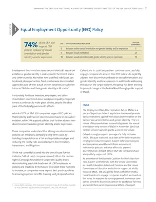 EXAMINING THE CRACKS IN THE CEILING: A SURVEY OF CORPORATE DIVERSITY PRACTICES OF THE S&P 100—OCTOBER 2010                         7
INDICATOR




               1 Equal Employment opportunity (EEo) Policy

                           74%             of the S&P 100                                                                                                       s&P 100
                                                                            PTs    DIversITy raTINgs INDICaTor
                                                                                                                                                               ComPaNIes
                                           support EEO
                                                                            0      Includes neither sexual orientation nor gender identity and/or expression       3
                            policies inclusive of sexual
                            orientation and gender                          5      Includes sexual orientation                                                    23
                            identity and/or expression                      10     Includes sexual orientation AND gender identity and/or expression              74




            Employment discrimination based on an individual’s sexual ori-                          Calvert and its coalition partners continue to successfully
            entation or gender identity is widespread in the United States                          engage companies to amend their EEO policies to explicitly
            and other countries. No matter how qualified, individuals can                           address non-discrimination based on sexual orientation and
            be denied job opportunities, fired, or otherwise discriminated                          gender identity and/or expression. In addition to addressing
            against because of their actual, or even perceived, sexual orien-                       the issue at the corporate level, the group has been working
            tation in 29 states and their gender identity in 38 states.5                            to prompt change at the federal level through public support
                                                                                                    of ENDA.
            Fortunately for those investors, employees, and other
            stakeholders concerned about workplace equality, Corporate
            America continues to make great strides, despite the slow
            pace of the federal government’s efforts.                                                 ENDA
                                                                                                      the.employment.non-discrimination.act,.or.enda,.is.a.
            A total of 97% of S&P 100 companies support EEO policies                                  piece.of.bipartisan.federal.legislation.that.would.provide.
            that explicitly address non-discrimination based on sexual ori-                           basic.protections.against.workplace.discrimination.on.the.
            entation, while 74% support policies that further address non-                            basis.of.sexual.orientation.and.gender.identity...the.u.S..
            discrimination based on gender identity and/or expression.                                house.of.representatives.successfully.passed.the.sexual.
                                                                                                      orientation-only.version.of.enda.in.november.2007,.but.
                                                                                                      neither.version.has.been.put.to.a.vote.in.the.Senate.
            These companies understand that strong non-discrimination
            policies can enhance a company’s long-term value, by                                      calvert.strongly.supports.passage.of.a.fully.inclusive.
            building its reputation as a fair and equitable employer and                              enda...Because.state.and.local.laws.differ.with.respect.to.
            reducing the costly risks associated with discrimination,                                 employment.discrimination,.calvert.believes.employees.
                                                                                                      and.companies.would.benefit.from.a.consistent,.
            harassment, and litigation.
                                                                                                      nationwide.policy.to.enhance.efforts.to.prevent.
                                                                                                      discrimination..at.least.34%.of.S&P.100.companies.have.
            While not currently factored into the overall score for this
                                                                                                      also.publicly.supported.enda.
            indicator, 54% of rated companies scored 100 on the Human
                                                                                                      as.a.member.of.the.Business.coalition.for.workplace.Fair-
            Rights Campaign Foundation’s Corporate Equality Index,
                                                                                                      ness,.calvert.sent.letters.to.both.the.Senate.committee.
            demonstrating equitable treatment of LGBT employees in
                                                                                                      on.health,.education,.labor.and.Pensions.and.the.house.
            policies and practices. In the future, we expect these numbers
                                                                                                      committee.on.education.and.labor.in.support.of.a.fully.
            to increase, as companies move beyond best practice policies
                                                                                                      inclusive.enda...we.also.joined.forces.with.other.institu-
            to ensuring equity in benefits, training, and job opportunities.                          tional.investors.to.engage.companies.in.which.we.invest.on.
                                                                                                      this.issue...in.response.to.our.engagement,.numerous.com-
                                                                                                      panies.joined.the.Business.coalition.for.workplace.Fairness.
            5.	 Human	Rights	Campaign,	2010.	Statewide	Employment	Laws	&	Policies	Map.	Available	     and.wrote.their.own.congressional.letters.of.support...
                at:	http://www.hrc.org/documents/Employment_Laws_and_Policies.pdf.
 