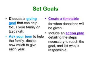 Set Goals
• Discuss a giving
goal that can help
focus your family on
tzedakah.
• Ask your teen to help
the family decide
how much to give
each year.
• Create a timetable
for when donations will
be given.
• Include an action plan
detailing the steps
necessary to reach the
goal, and list who is
responsible.
 