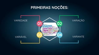 04
01
03
02
PRIMEIRAS NOÇÕES:
VARIAÇÃO
VARIANTE
VARIEDADE
VARIÁVEL
 