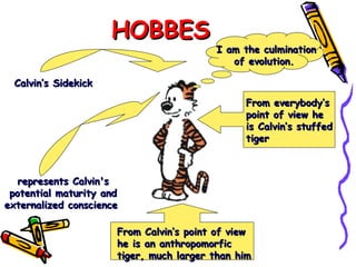 HOBBES Calvin’s Sidekick represents Calvin's potential maturity and externalized conscience  From everybody’s point of view he is Calvin’s stuffed tiger From Calvin’s point of view he is an anthropomorfic tiger, much larger than him I am the culmination of evolution.  