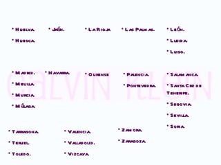 Huelva. Huesca. Jaén. La Rioja  Las Palmas. León. Lleida. Lugo. Madrid. Melilla. Murcia. Málaga. Navarra. Ourense Palencia. Pontevedra. Salamanca. Santa Crz de Tenerife. Segovia. Sevilla. Soria. Tarragona. Teruel. Toledo. Valencia. Valladolid. Vizcaya. Zamora. Zaragoza. 