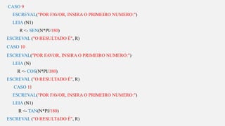 s
CASO 9
ESCREVAL("POR FAVOR, INSIRA O PRIMEIRO NUMERO:")
LEIA (N1)
R <- SEN(N*PI/180)
ESCREVAL ("O RESULTADO É", R)
CASO 10
ESCREVAL("POR FAVOR, INSIRA O PRIMEIRO NUMERO:")
LEIA (N)
R <- COS(N*PI/180)
ESCREVAL ("O RESULTADO É", R)
CASO 11
ESCREVAL("POR FAVOR, INSIRA O PRIMEIRO NUMERO:")
LEIA (N1)
R <- TAN(N*PI/180)
ESCREVAL ("O RESULTADO É", R)
 
