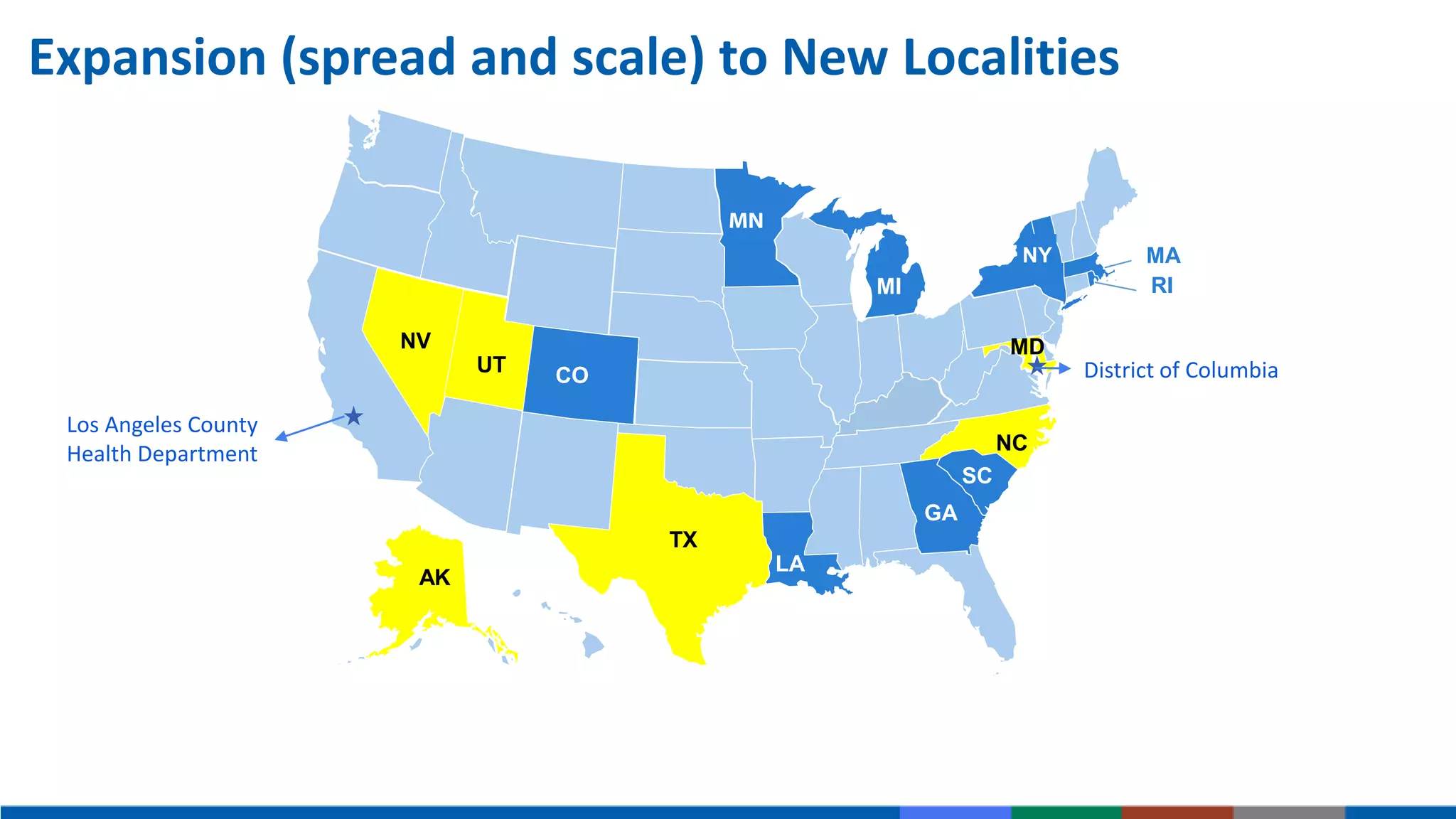 CO
SC
MI
LA
MA
RI
MN
GA
NY
GA
NC
AK
TX
NV
UT
MD
District of Columbia
Los Angeles County
Health Department
Expansion (spread and scale) to New Localities
 