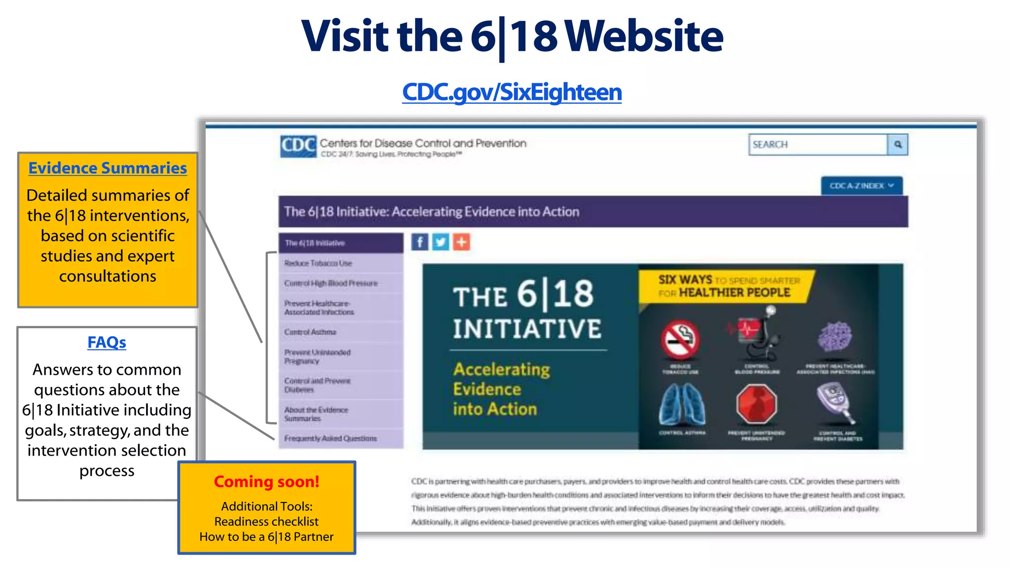 Visitthe6|18Website
CDC.gov/SixEighteen
Evidence Summaries
Detailed summaries of
the 6|18 interventions,
based on scientific
studies and expert
consultations
FAQs
Answers to common
questions about the
6|18 Initiative including
goals,strategy, and the
intervention selection
process
Coming soon!
Additional Tools:
Readiness checklist
How to be a 6|18 Partner
 
