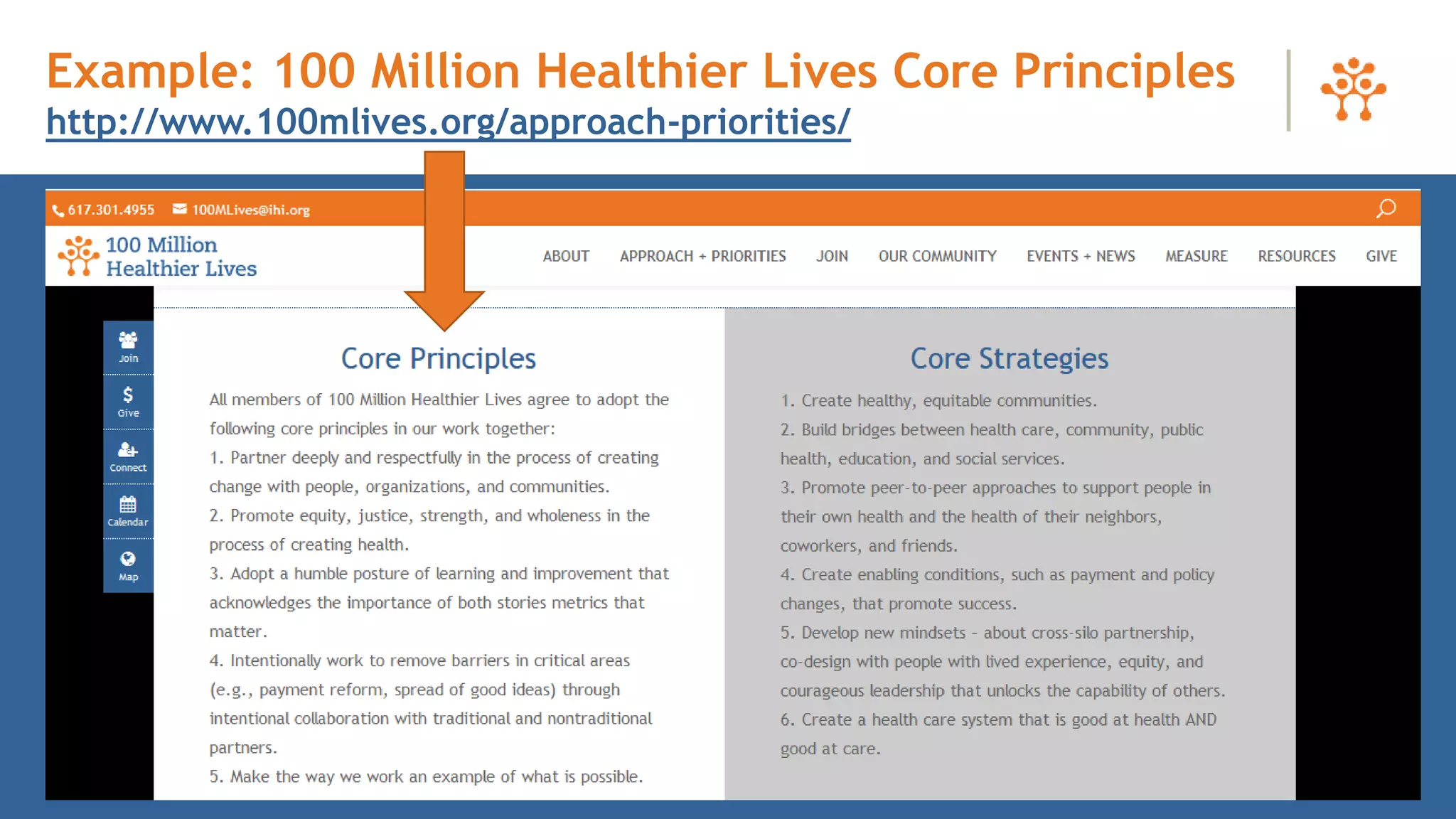 Example: 100 Million Healthier Lives Core Principles
http://www.100mlives.org/approach-priorities/
 