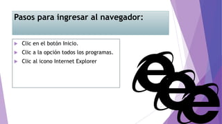 Pasos para ingresar al navegador:
 Clic en el botón Inicio.
 Clic a la opción todos los programas.
 Clic al icono Internet Explorer
 