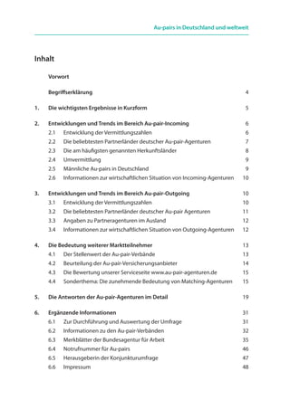 Au-pairs in Deutschland und weltweit
Inhalt	
	 Vorwort	
	 Begriffserklärung	 4
1.	 Die wichtigsten Ergebnisse in Kurzform	 5
2.	 Entwicklungen und Trends im Bereich Au-pair-Incoming	 6
	 2.1	 Entwicklung der Vermittlungszahlen 	 6
	 2.2	 Die beliebtesten Partnerländer deutscher Au-pair-Agenturen	 7
	 2.3	 Die am häufigsten genannten Herkunftsländer 	 8
	 2.4	 Umvermittlung	 9
	 2.5	 Männliche Au-pairs in Deutschland	 9
	 2.6	 Informationen zur wirtschaftlichen Situation von Incoming-Agenturen	 10
3.	 Entwicklungen und Trends im Bereich Au-pair-Outgoing	 10
	 3.1	 Entwicklung der Vermittlungszahlen	 10
	 3.2	 Die beliebtesten Partnerländer deutscher Au-pair Agenturen	 11
	 3.3	 Angaben zu Partneragenturen im Ausland	 12
	 3.4	 Informationen zur wirtschaftlichen Situation von Outgoing-Agenturen	 12
4.	 Die Bedeutung weiterer Marktteilnehmer	 13
	 4.1	 Der Stellenwert der Au-pair-Verbände	 13
	 4.2	 Beurteilung der Au-pair-Versicherungsanbieter	 14
	 4.3	 Die Bewertung unserer Serviceseite www.au-pair-agenturen.de	 15
	 4.4	 Sonderthema: Die zunehmende Bedeutung von Matching-Agenturen	 15
5.	 Die Antworten der Au-pair-Agenturen im Detail	 19
6.	 Ergänzende Informationen	 31
	 6.1	 Zur Durchführung und Auswertung der Umfrage	 31
	 6.2	 Informationen zu den Au-pair-Verbänden	 32
	 6.3	 Merkblätter der Bundesagentur für Arbeit	 35
	 6.4	 Notrufnummer für Au-pairs	 46
	 6.5	 Herausgeberin der Konjunkturumfrage	 47
	 6.6	 Impressum	 48
 