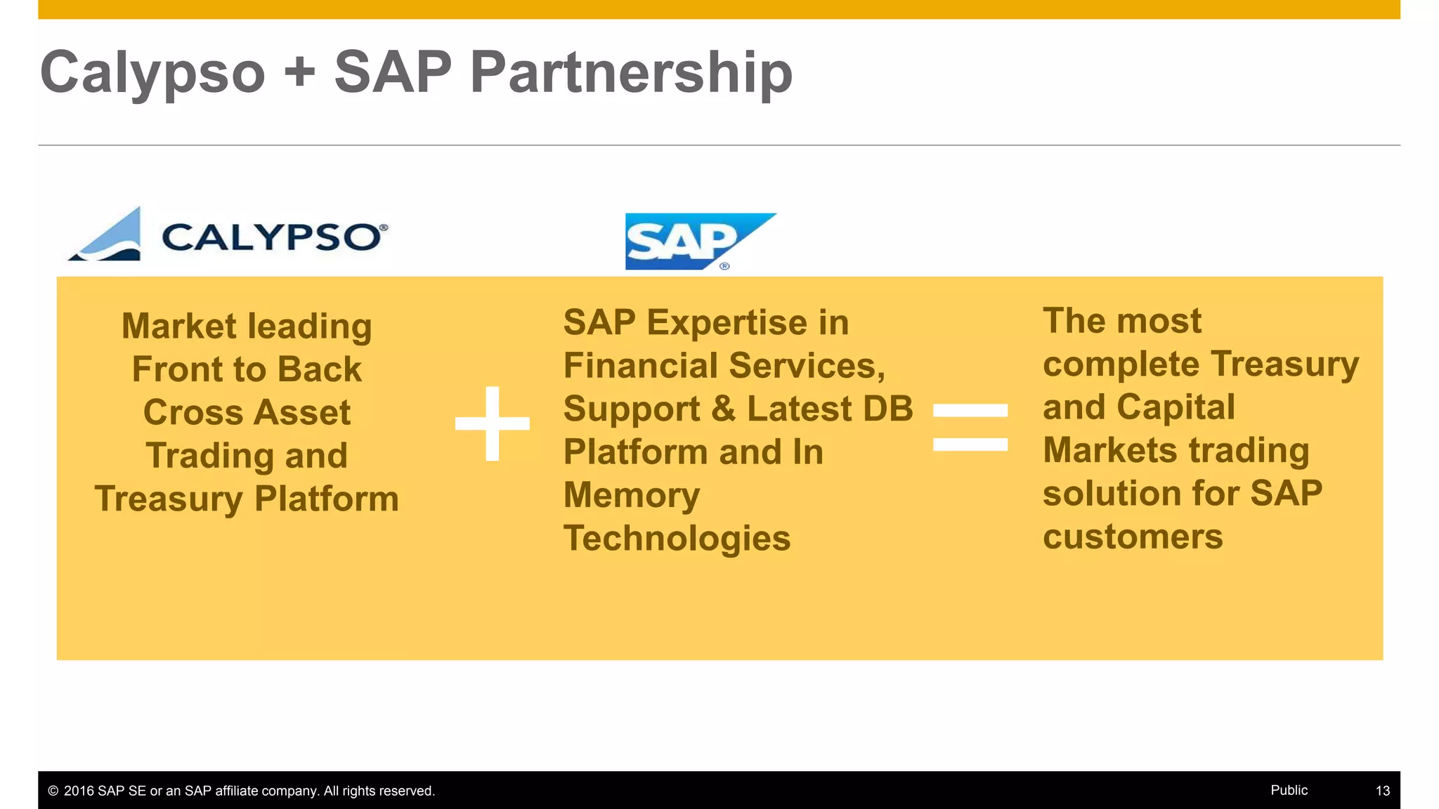 © 2016 SAP SE or an SAP affiliate company. All rights reserved. 13Public
Calypso + SAP Partnership
Market leading
Front to Back
Cross Asset
Trading and
Treasury Platform
SAP Expertise in
Financial Services,
Support & Latest DB
Platform and In
Memory
Technologies
The most
complete Treasury
and Capital
Markets trading
solution for SAP
customers
+ =
 