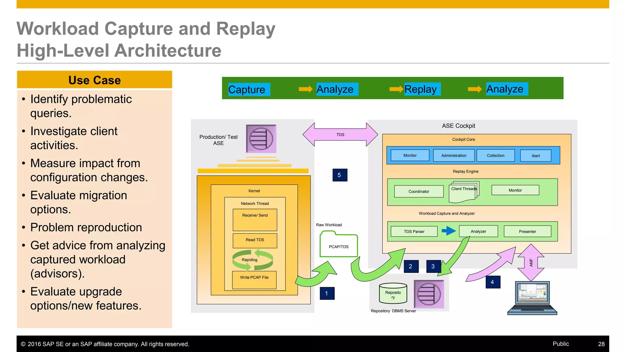 © 2016 SAP SE or an SAP affiliate company. All rights reserved. 28Public
Workload Capture and Replay
High-Level Architecture
Replay Engine
ASE Cockpit
AdministrationMonitor Collection Alert
Coordinator MonitorClient Threads
Cockpit Core
Workload Capture and Analyzer
PresenterTDS Parser Analyzer
Reposito
ry
AMF
Kernel
Network Thread
Receive/ Send
Read TDS
Write PCAP File
Production/ Test
ASE
TDS
Raw Workload
PCAP/TDS
Repository DBMS Server
Rapidlog
1
2 3
4
5
Capture Analyze Replay Analyze
Use Case
• Identify problematic
queries.
• Investigate client
activities.
• Measure impact from
configuration changes.
• Evaluate migration
options.
• Problem reproduction
• Get advice from analyzing
captured workload
(advisors).
• Evaluate upgrade
options/new features.
 