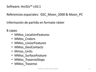 Software: ArcGis™ v10.1

Referencias espaciales: GSC_Moon_2000 & Moon_PC

Información de partida en formato ráster

8 capas
    • MMos_LocationFeatures
    • MMos_Craters
    • MMos_LinearFeatures
    • MMos_GeoContacts
    • Mmos_Units
    • MMos_SurfaceFeature
    • MMos_TraverseStops
    • MMos_Traverse
                     Conferencia ESRI 2012, Madrid.   12
 